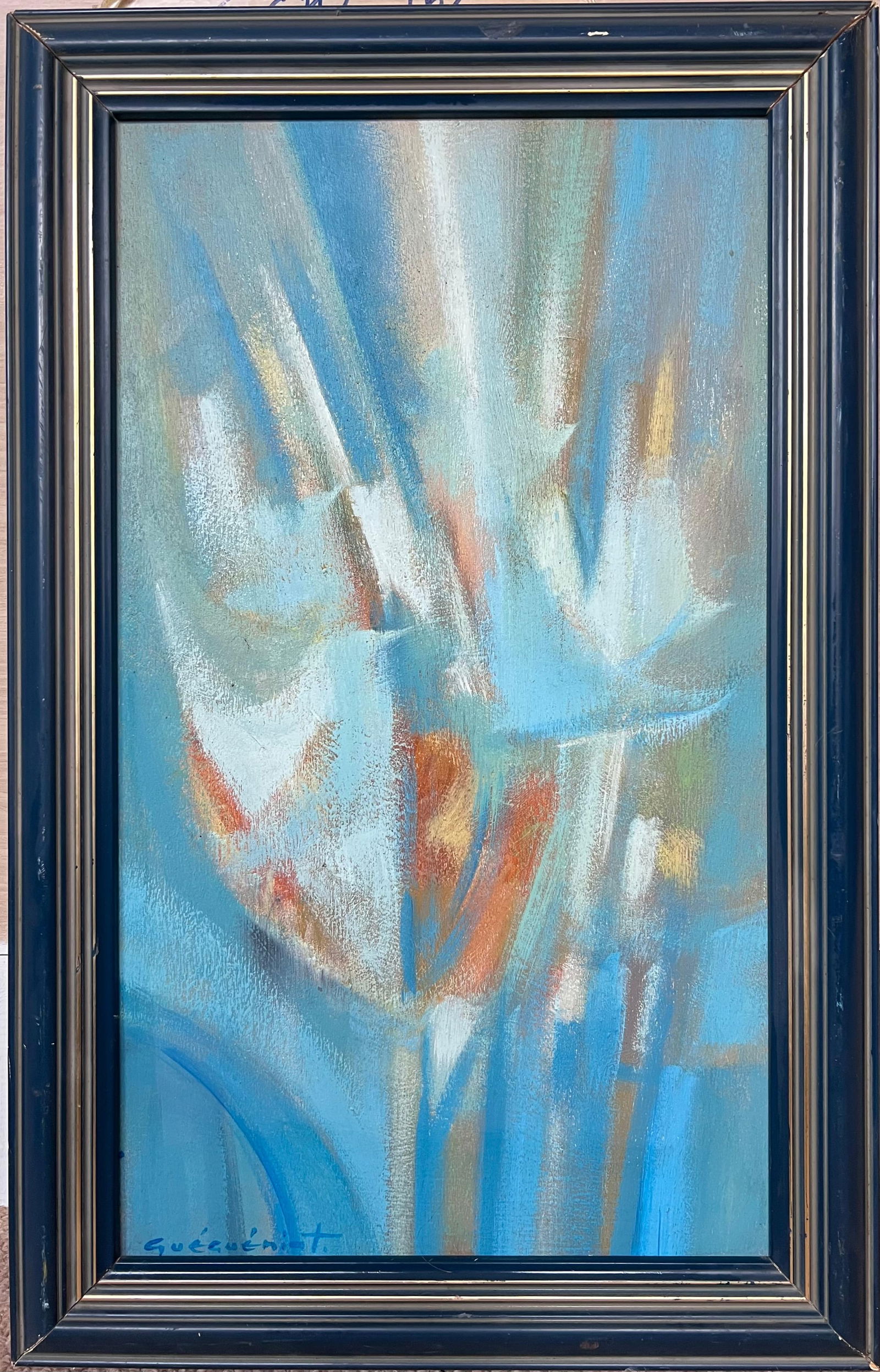 Gerard Guegueniat; 1970's French Abstract Original Painting Blues Oranges and Whites Signed: Title: Gerard Guegueniat; 1970's French Abstract Original Painting Blues Oranges and Whites Signed Description: Title: French Impressionist Harbour Scene with Fishing Boats and Whitewashed Houses By