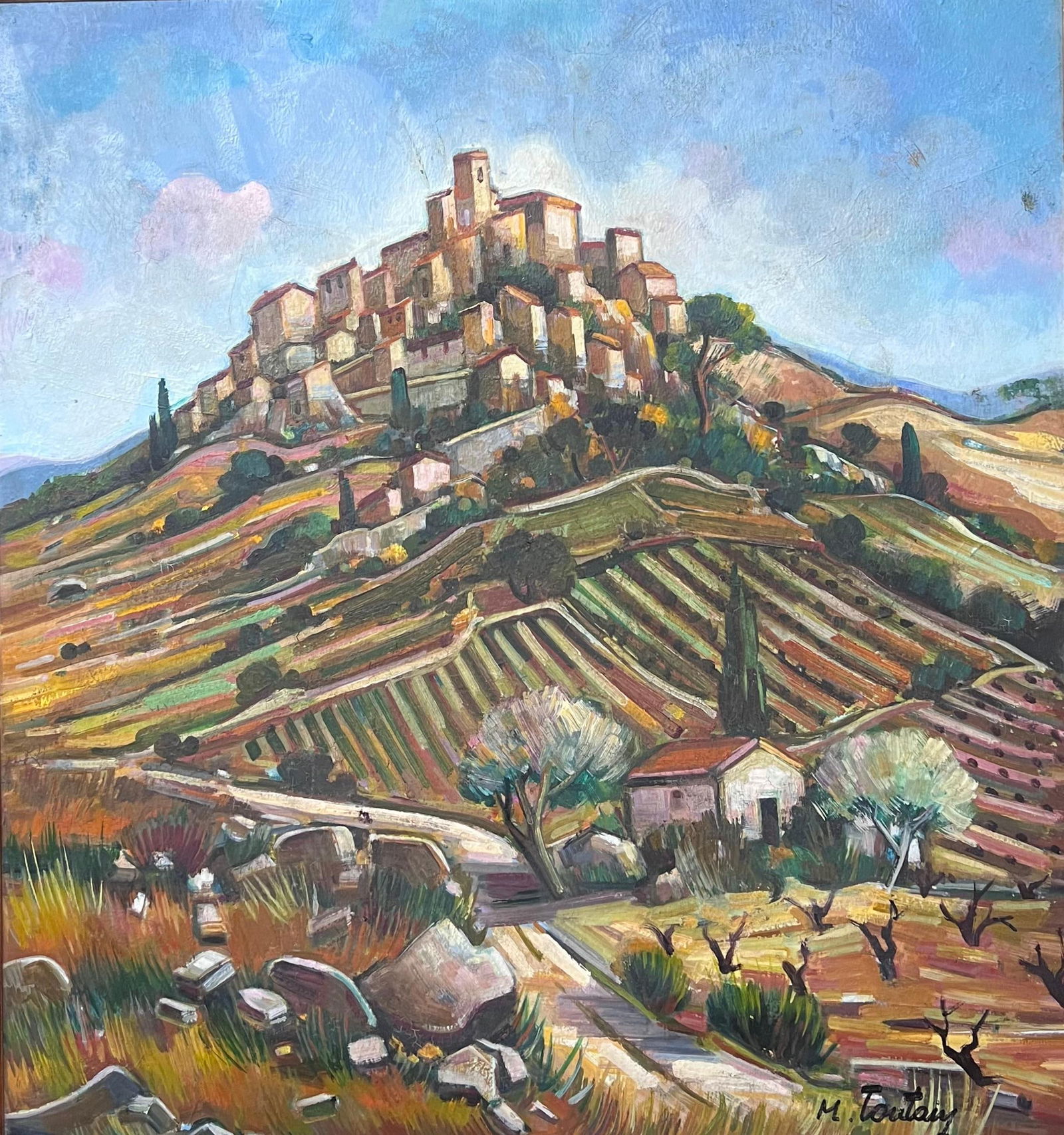 Max Toutain; Provencal Hill Perched Town 20th Century French Post Impressionist Oil Painting - 5