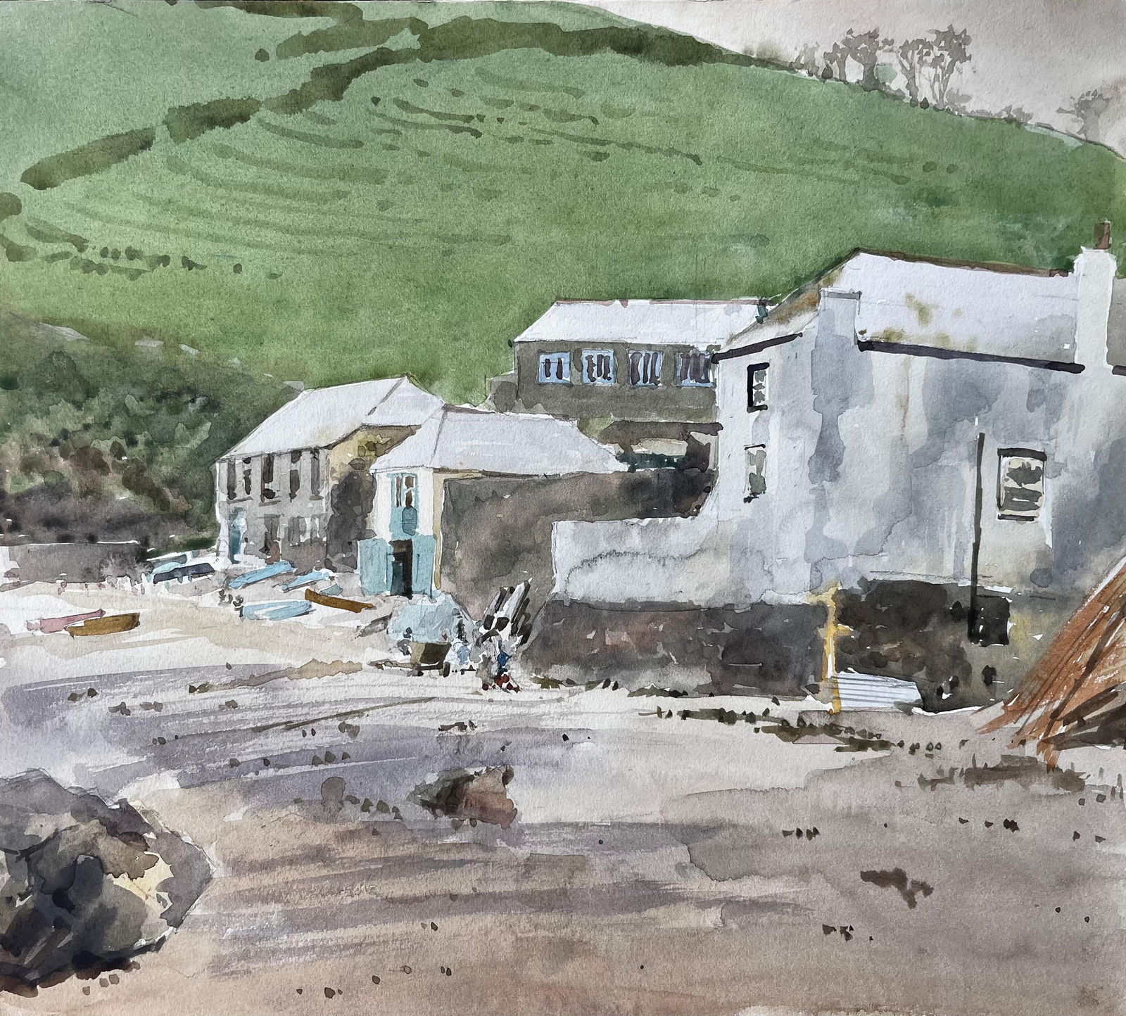 Anthony Herbert; Coastal Village with Boats and Hillside Harbour Scene Watercolour: Title: Anthony Herbert; Coastal Village with Boats and Hillside Harbour Scene Watercolour Description: Title: Southwold Suffolk Landscape with Red Roofed Cottages and Cloudy Sky Watercolour By Tony