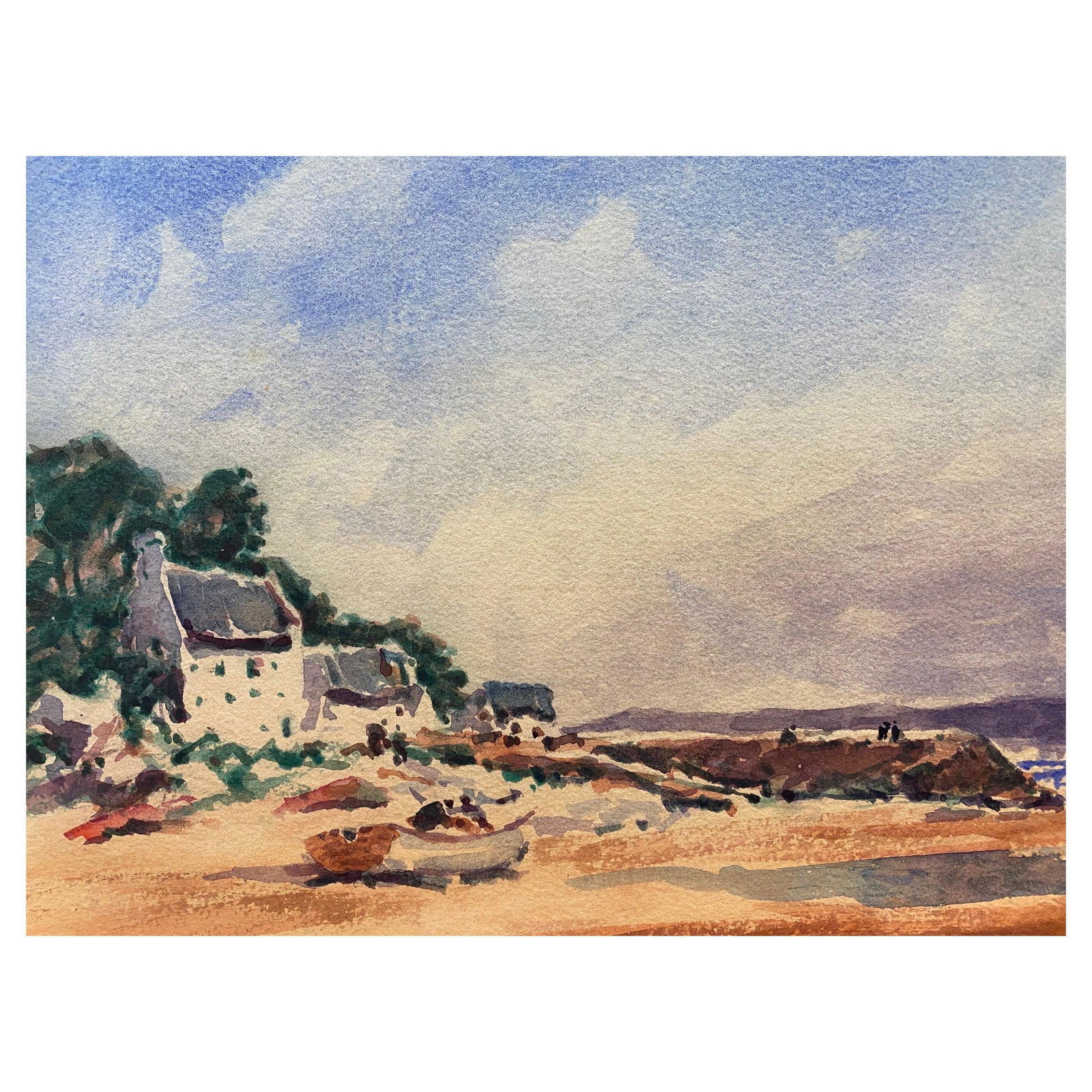 Maurice Mazeilie- French Impressionist Watercolour - by the Shore, 20th Century: Title: Maurice Mazeilie- French Impressionist Watercolour - by the Shore, 20th Century Description: Tall French Landscape by Bernard Labbe (French mid 20th century) signed original watercolour/ gouach