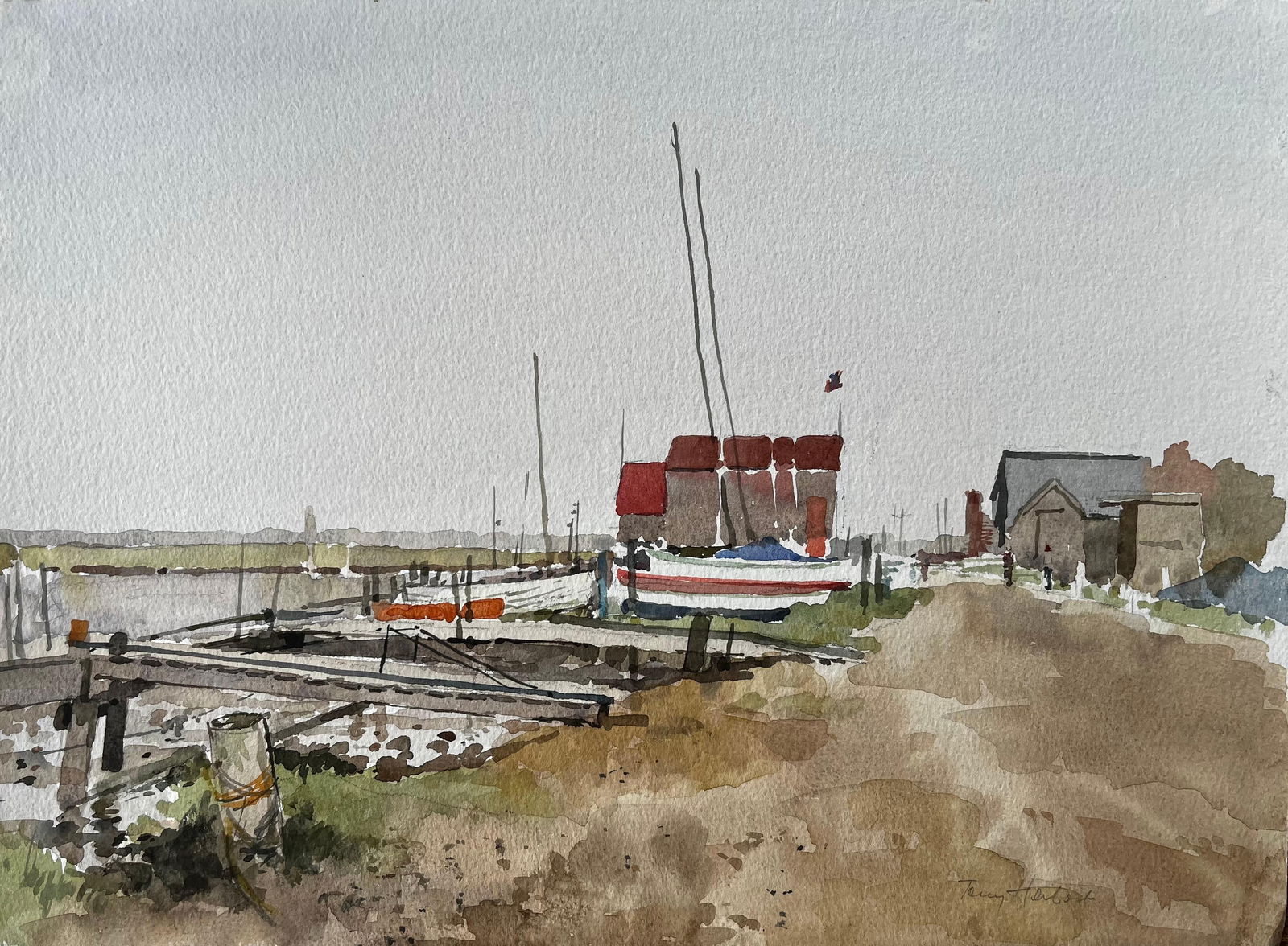 Anthony Herbert; Southwold Harbour Boats and Boat Sheds with Jetty and Estuary Mudflats 1992: Title: Anthony Herbert; Southwold Harbour Boats and Boat Sheds with Jetty and Estuary Mudflats 1992 Description: Title: Original Watercolour Southwold Harbour Scene with Fishing Boats and Jetty 1994