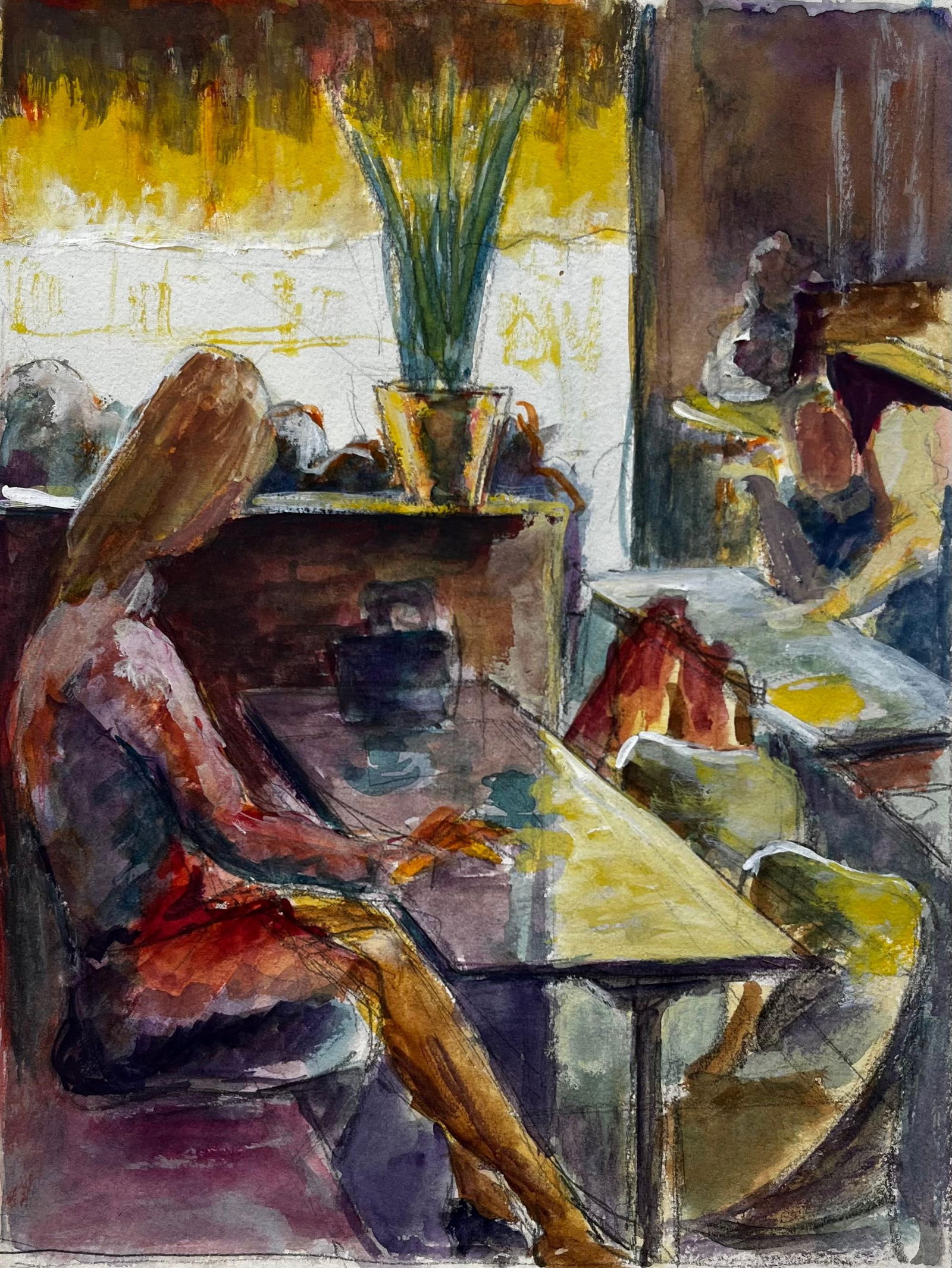 Guy Nicod; Café Interior with Seated Figures French Modernist Gouache by Guy Nicod: Title: Guy Nicod; Café Interior with Seated Figures French Modernist Gouache by Guy Nicod Description: Title: Café Interior with Seated Figures French Modernist Gouache by Guy Nicod Guy