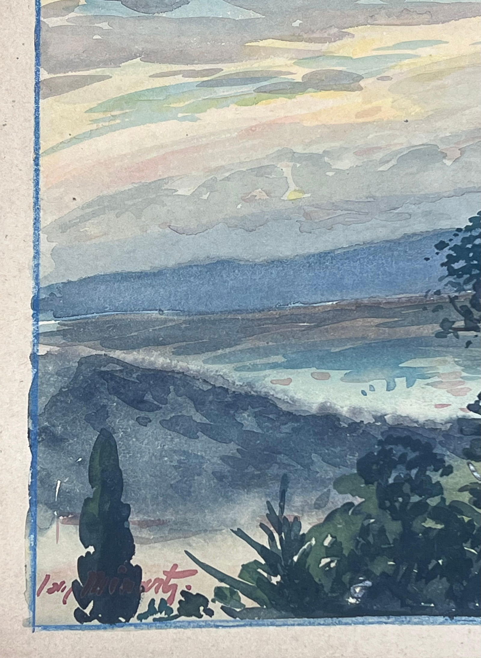 Tony Minartz ; Sky Overlooking Mediterranean Coastline View Of Nice France French Watercolour - 7