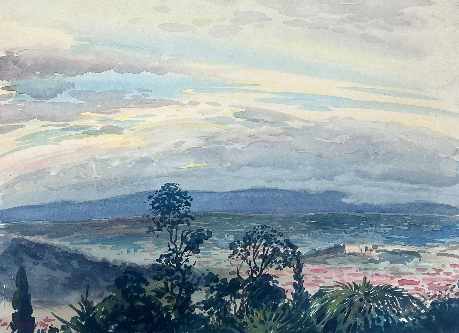 Tony Minartz ; Sky Overlooking Mediterranean Coastline View Of Nice France French Watercolour: Title: Tony Minartz ; Sky Overlooking Mediterranean Coastline View Of Nice France French Watercolour Description: Abstract Expressionist Composition by Gilbert Pelissier (French born 1924) signed, ins