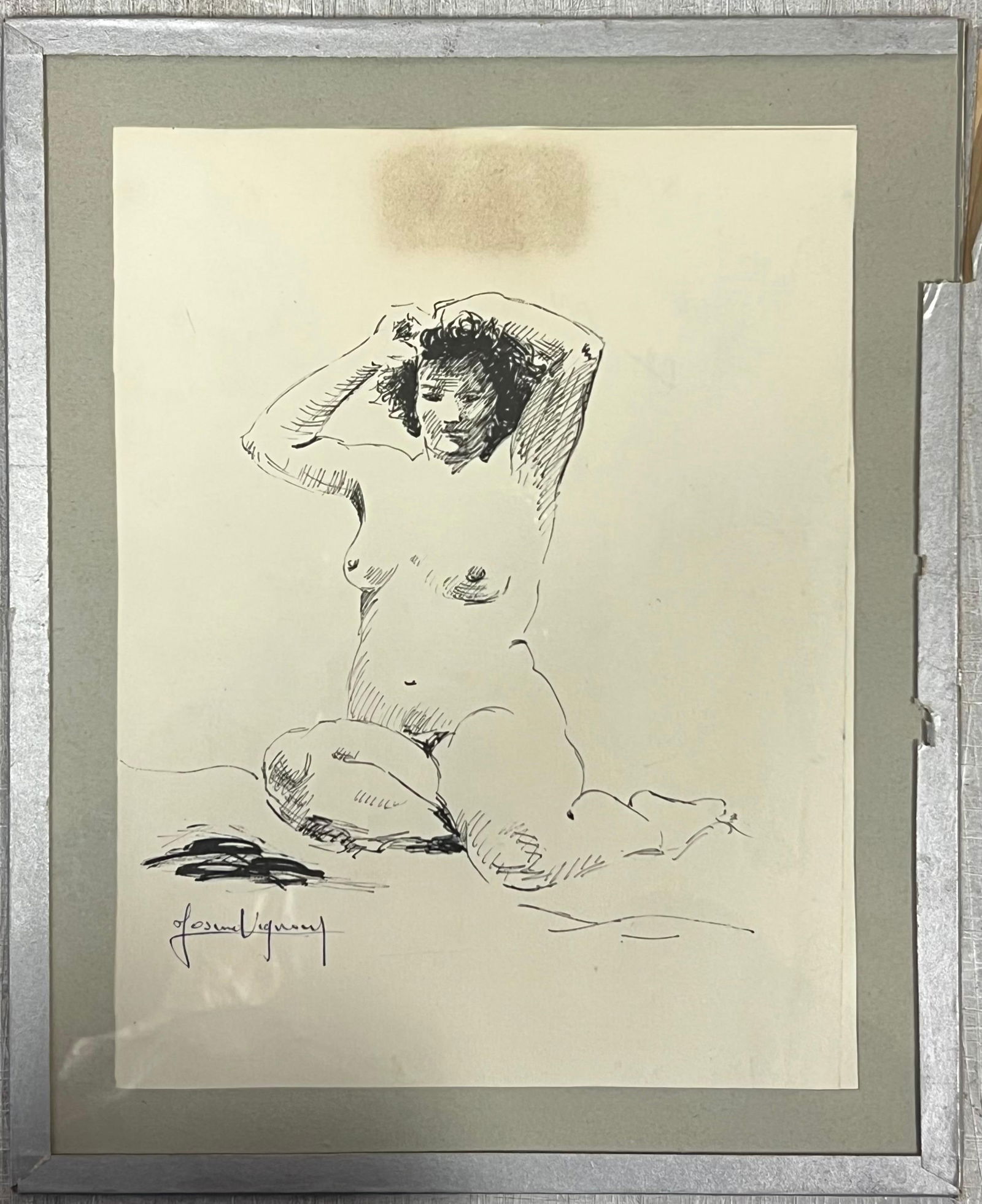 Josine Vignon; Mid Century French Portrait Study of a Seated Figure Woman with Hands in Hair, 1946: Title: Josine Vignon; Mid Century French Portrait Study of a Seated Figure Woman with Hands in Hair, 1946 Description: Title: Charcoal Portrait of a Woman in Profile Artist: Josine Vignon (French