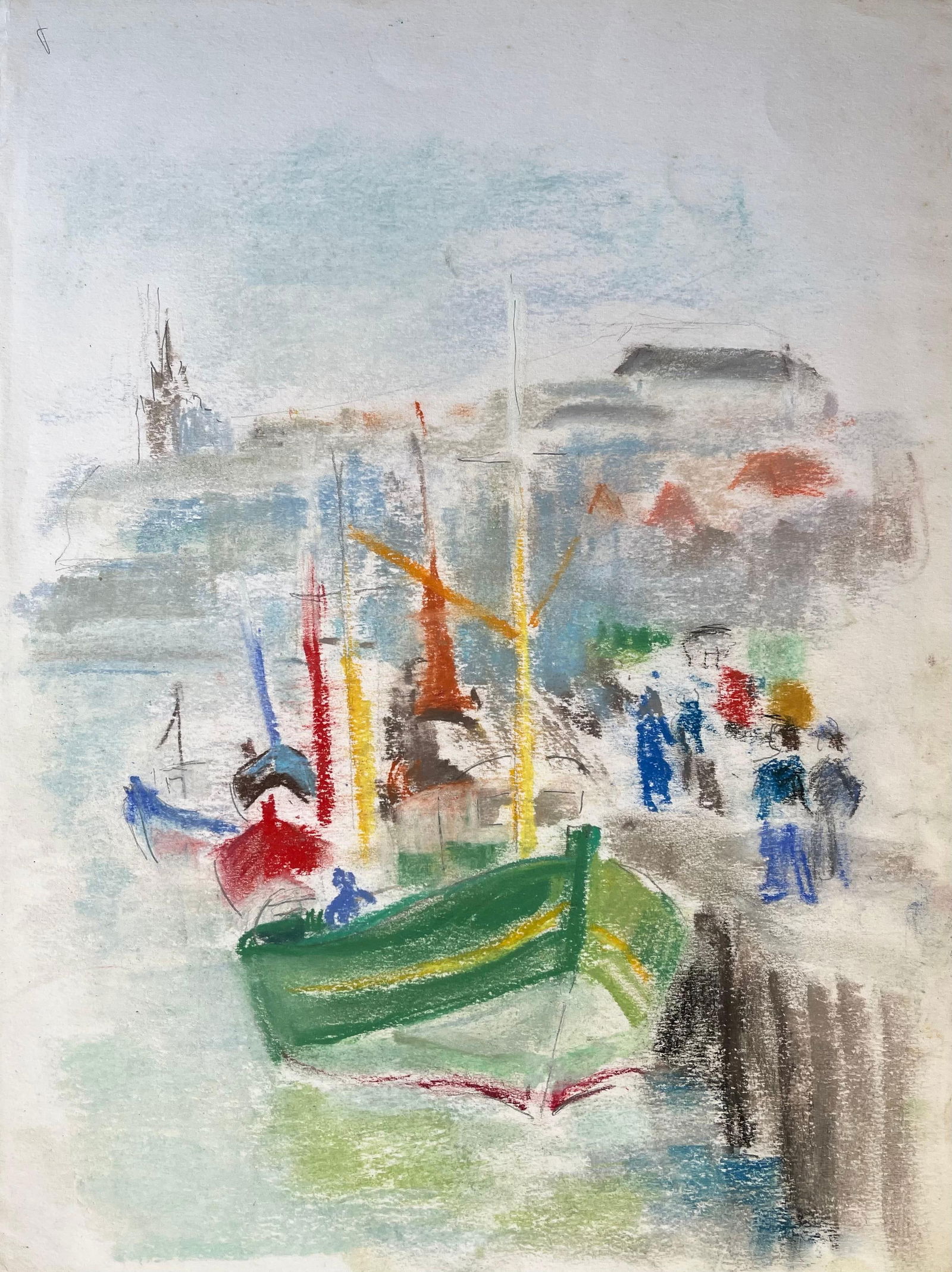 Anne Marie Migette Perard; Mid-20th Century Post-Impressionist Pastel of Fishing Boats and Harbour: Title: Anne Marie Migette Perard; Mid-20th Century Post-Impressionist Pastel of Fishing Boats and Harbour Crowd Description: Title: French Mid 20th Century Pastel of Seaside Tower, Sunbather and Fruit