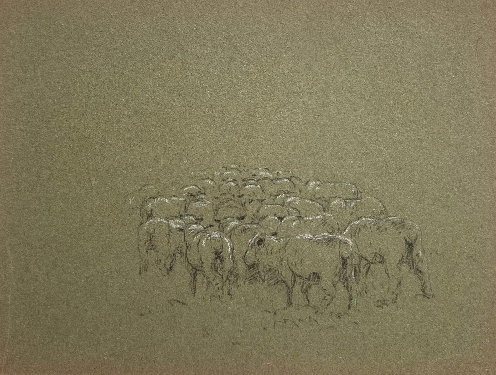 John Rabone Harvey; British Chalk Sketch of A Flock Of Herded Sheep On Deep Green Artist Paper, 1966 (1 of 6)