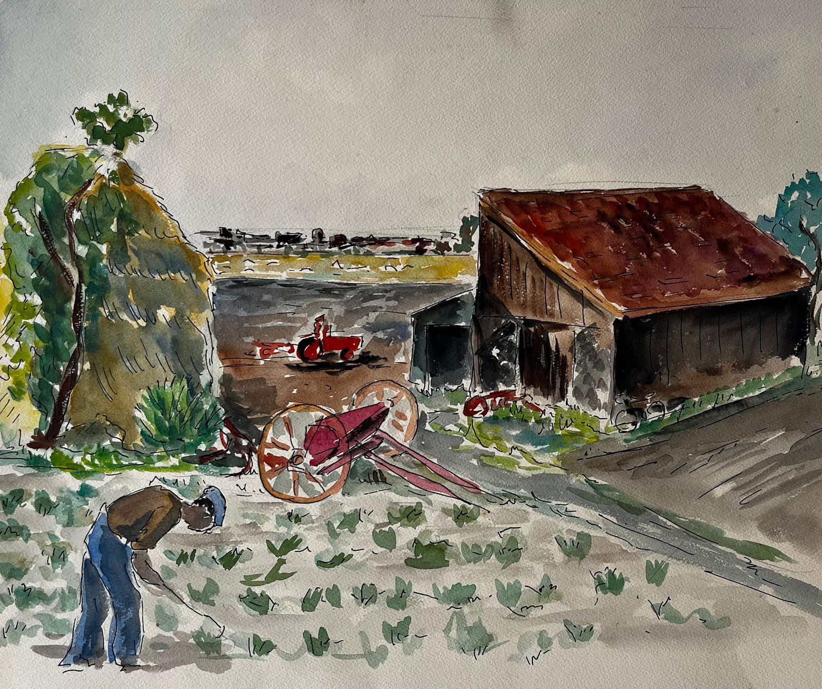 Guy Nicod; Farmyard Scene with Barn and Farmer French Modernist Rural Landscape Gouache (1 of 11)