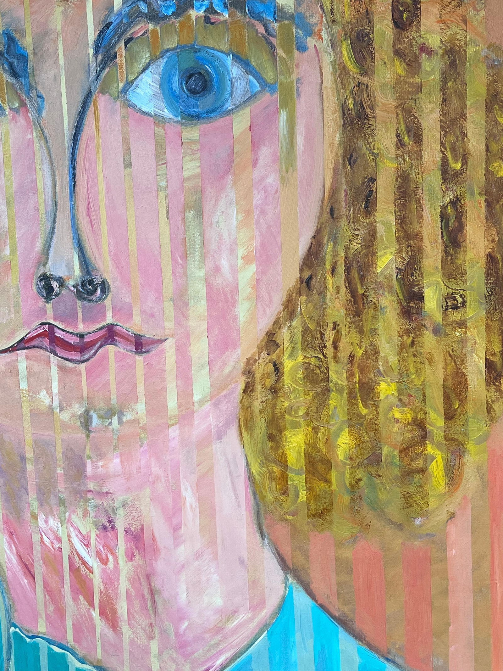 Gilbert Pelissier; Blonde Portrait with Blue Eyes with Vertical Lines Abstract French Painting, 89 - 8