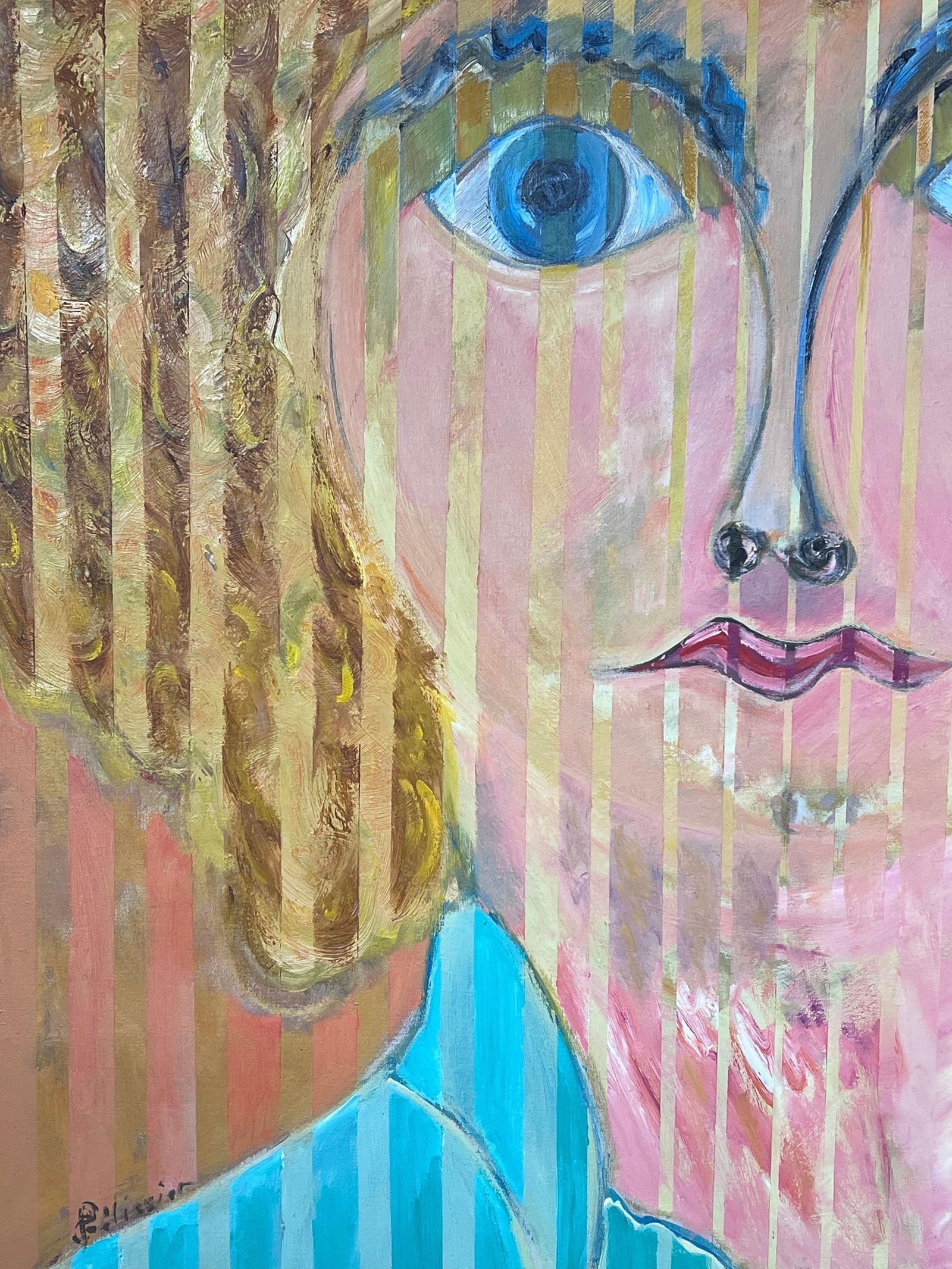 Gilbert Pelissier; Blonde Portrait with Blue Eyes with Vertical Lines Abstract French Painting, 89 - 9