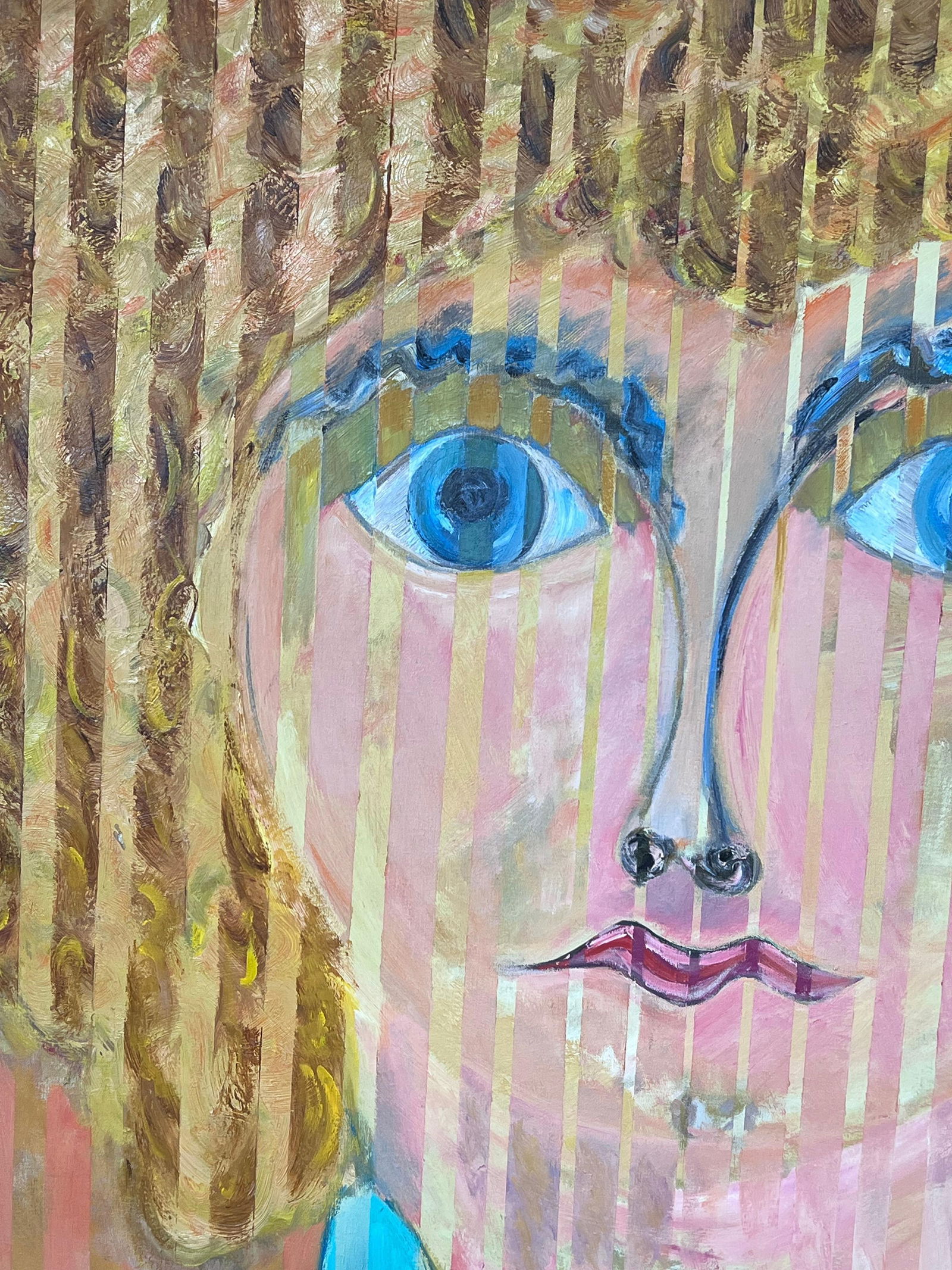 Gilbert Pelissier; Blonde Portrait with Blue Eyes with Vertical Lines Abstract French Painting, 89 - 10