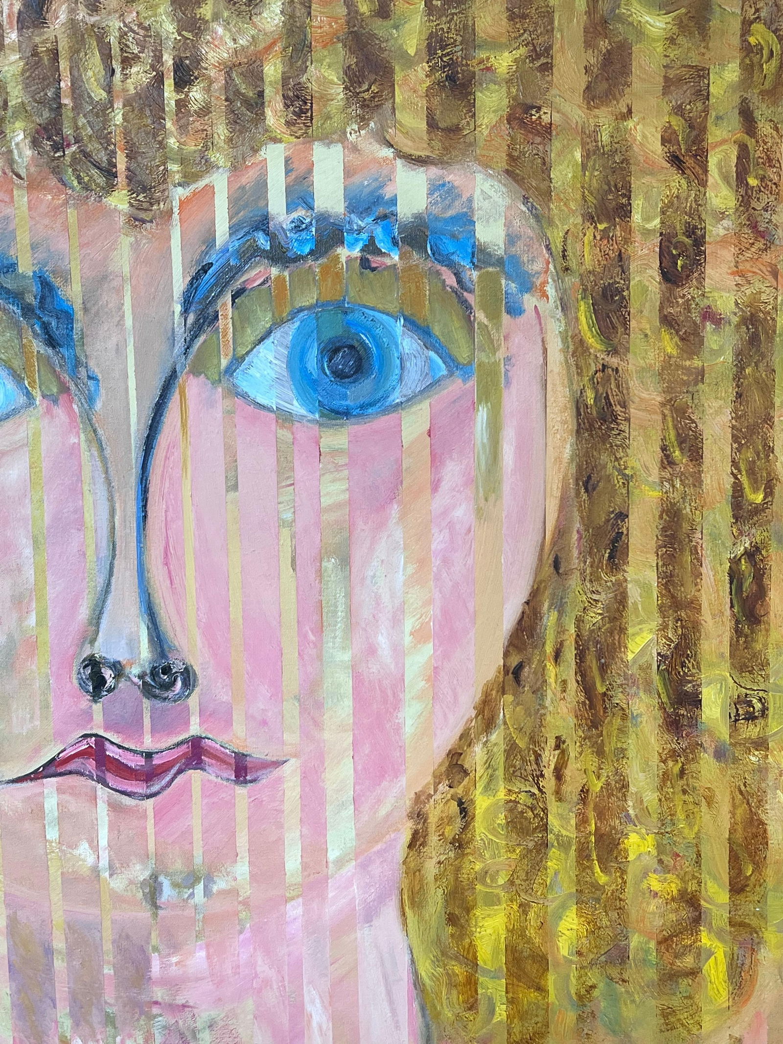 Gilbert Pelissier; Blonde Portrait with Blue Eyes with Vertical Lines Abstract French Painting, 89 - 3