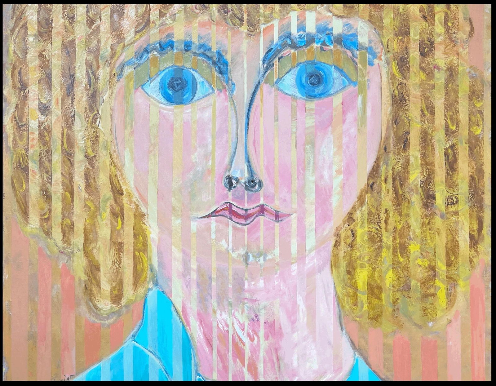 Gilbert Pelissier; Blonde Portrait with Blue Eyes with Vertical Lines Abstract French Painting, 89 - 5