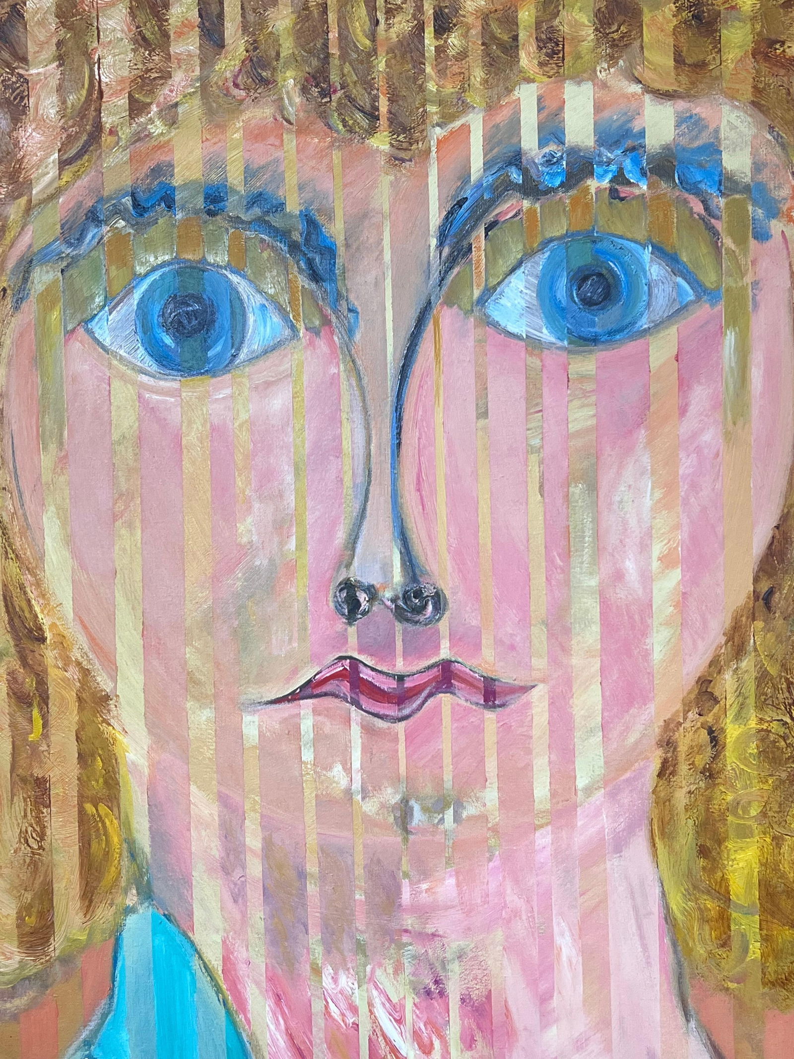 Gilbert Pelissier; Blonde Portrait with Blue Eyes with Vertical Lines Abstract French Painting, 89 - 6