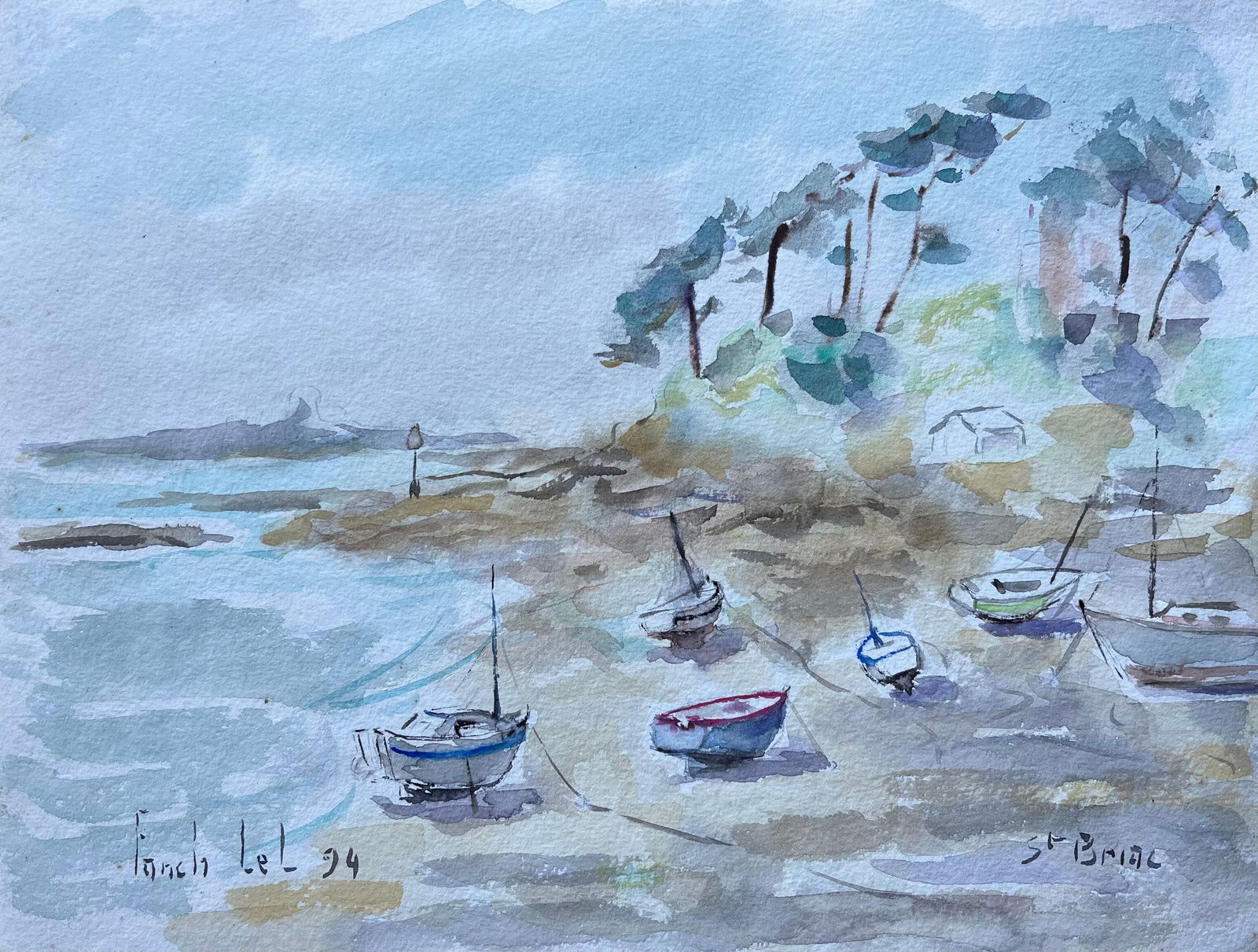 Fanch Lel; French Watercolour of Beached Boats at Low Tide in Saint-Briac, 1994: Title: Fanch Lel; French Watercolour of Beached Boats at Low Tide in Saint-Briac, 1994 Description: Title: French Gouache of Countryside Chapel and Woodland Clearing by Fanche Lel Signed: Yes Size: 11