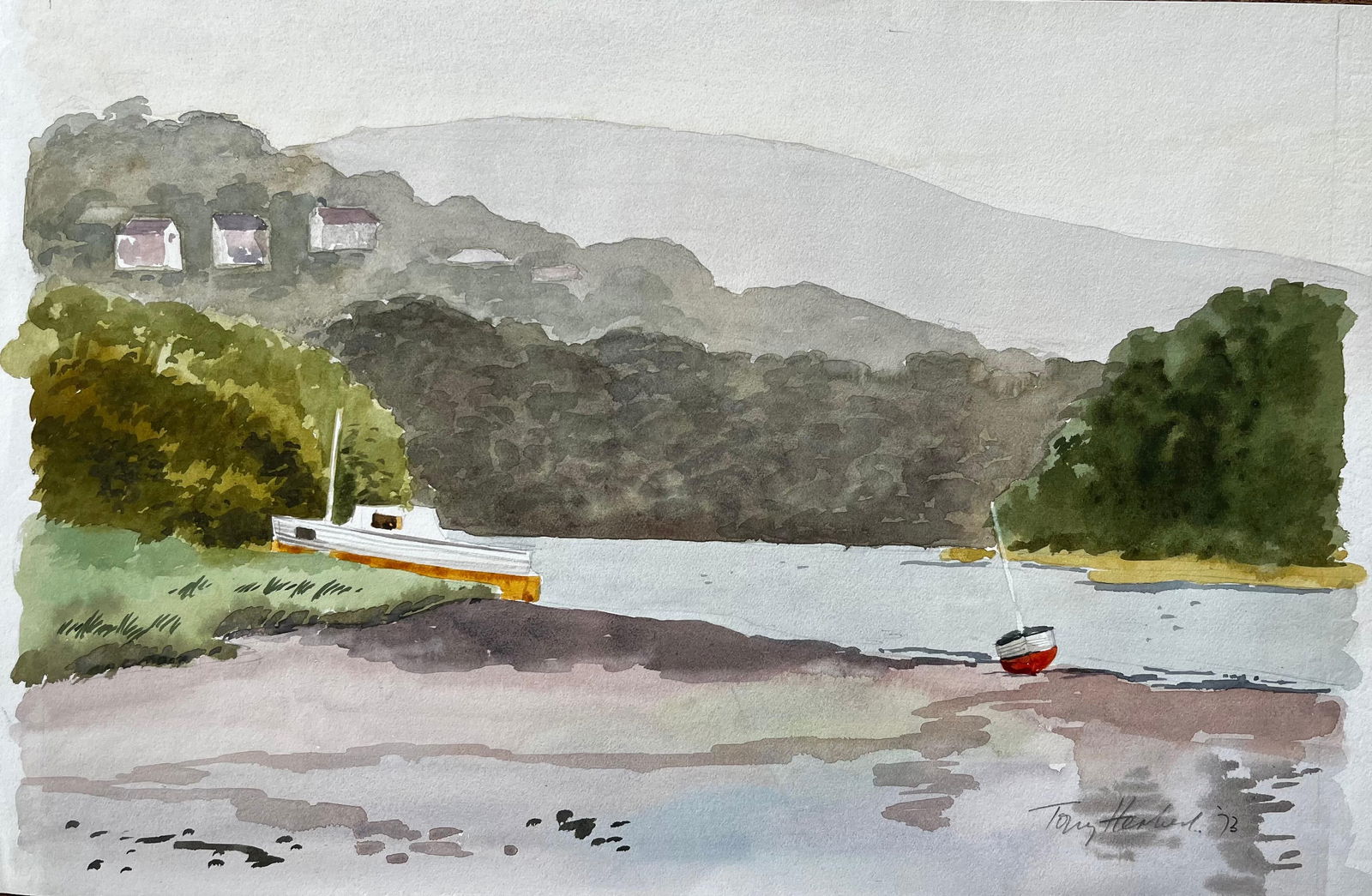 Anthony Herbert; St Dogmaels Pembrokeshire River Estuary Landscape Boat Watercolour Painting, 1973 (1 of 17)