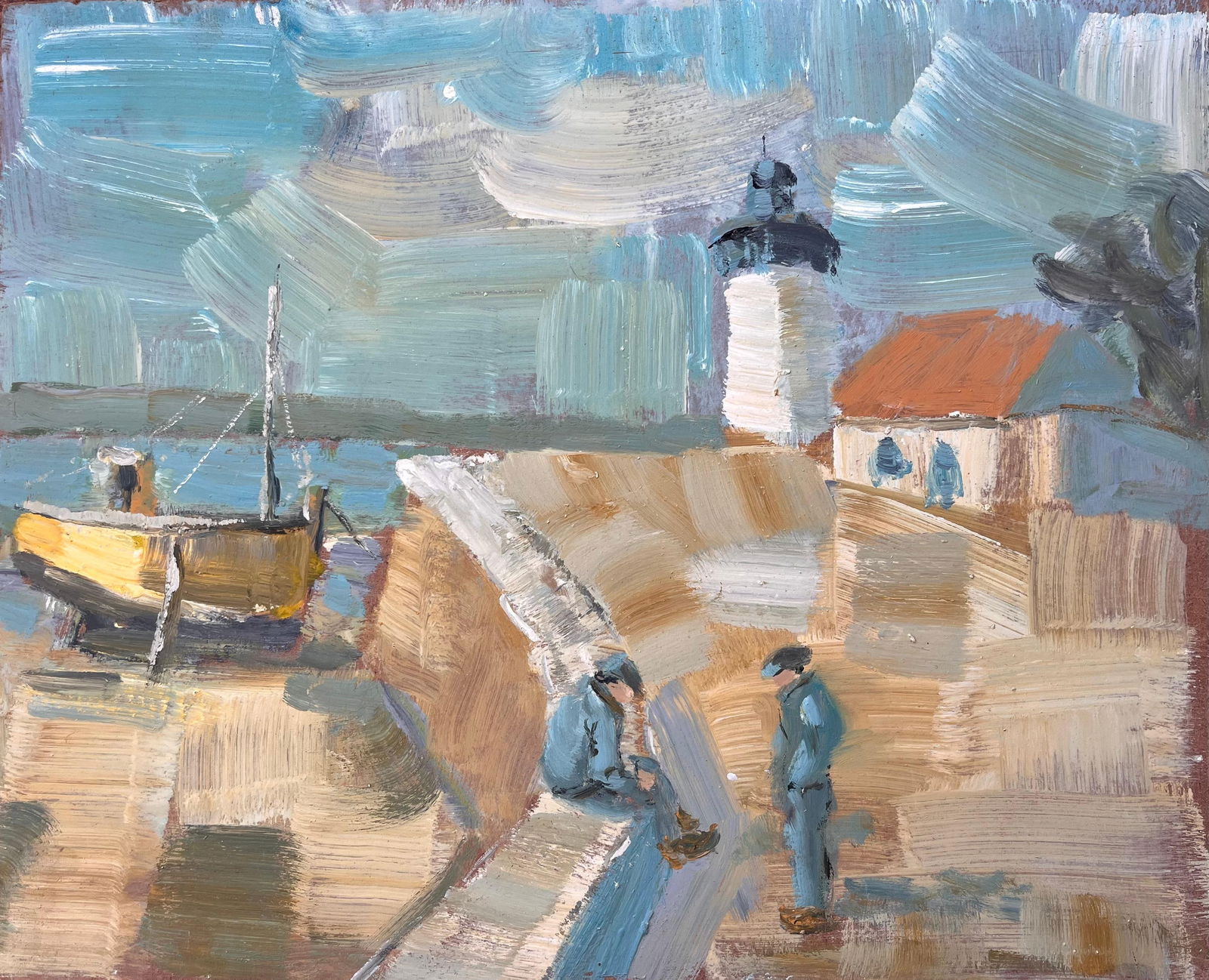 Fanch Lel; French Coastal Lighthouse Scene with Sailors and Yellow Boat in Bold Oil (1 of 11)