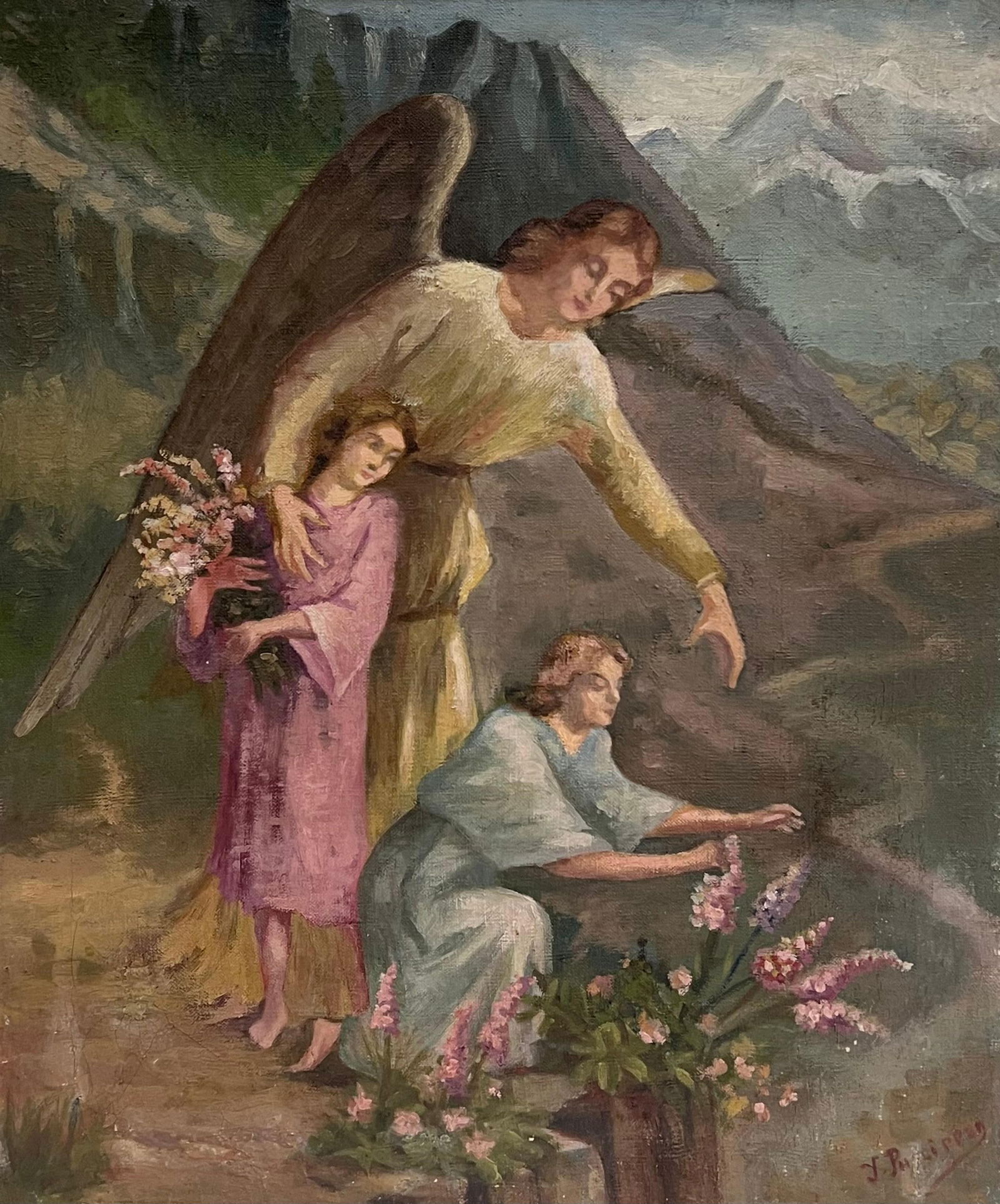 French School; Antique French Signed Oil Painting Angel with Two Children Picking Flowers (1 of 14)