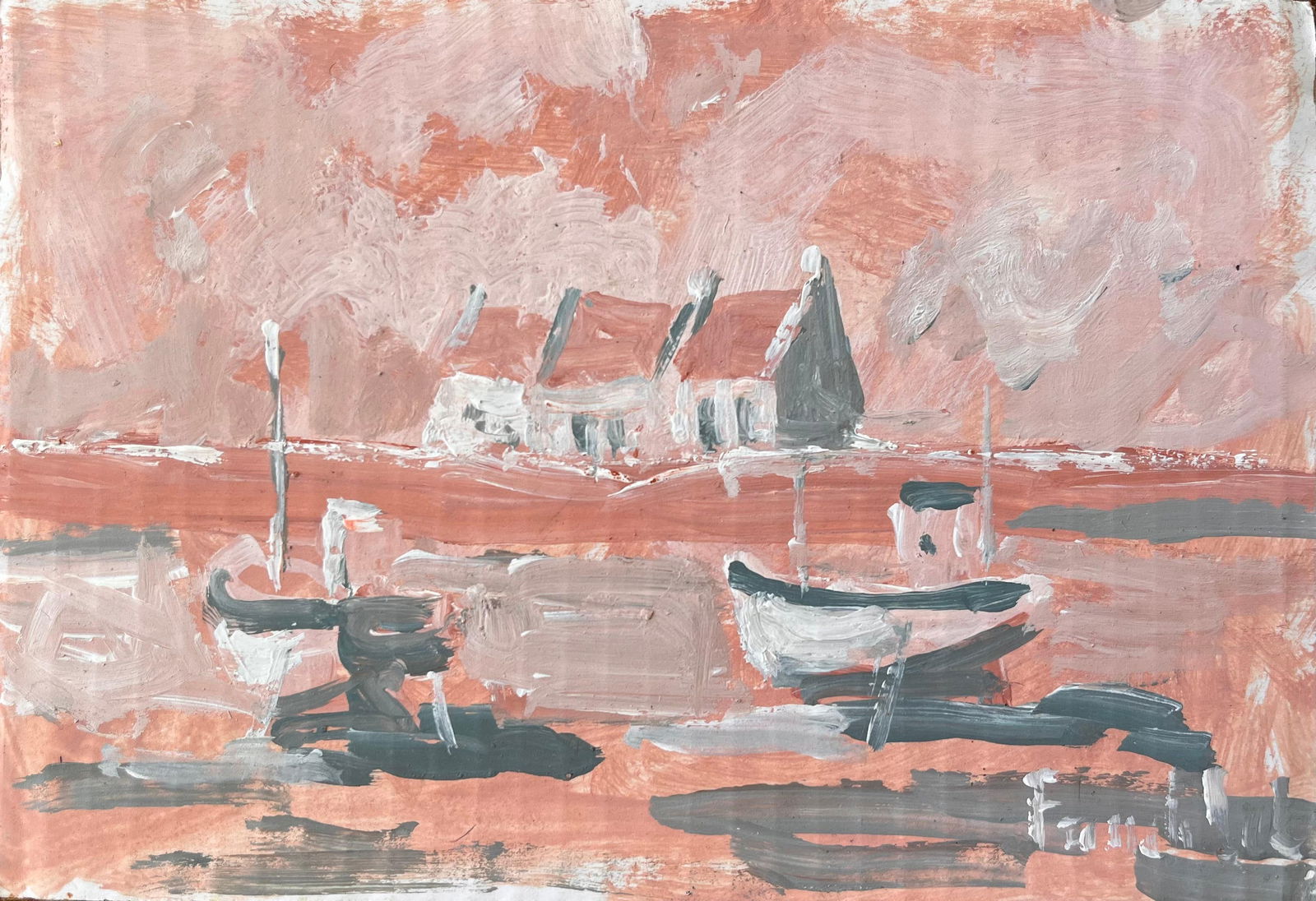 Fanch Lel; French Monochrome Coastal Scene with Boats and Cottages in Oil (1 of 17)