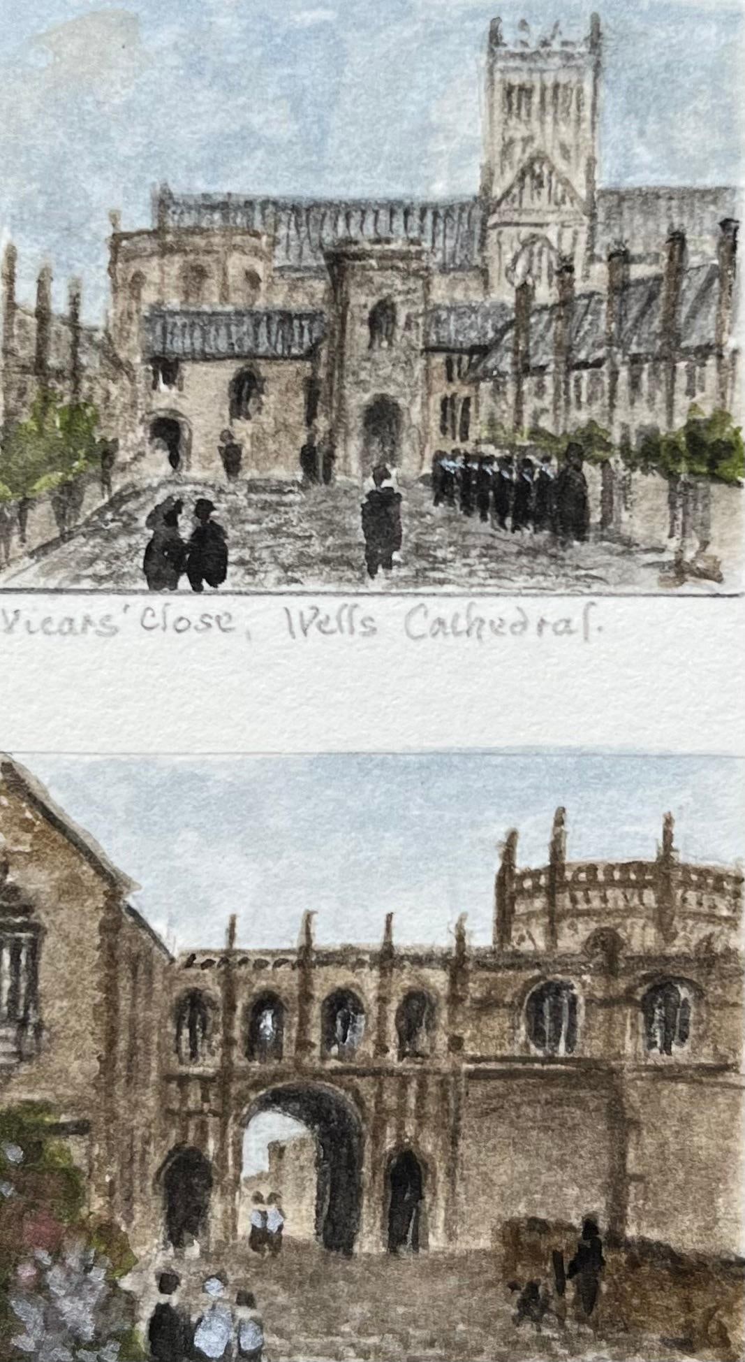 Jack Grunwell; Miniature Watercolor of Wells Cathedral Chain Gate and Vicars Close Somerset (1 of 6)