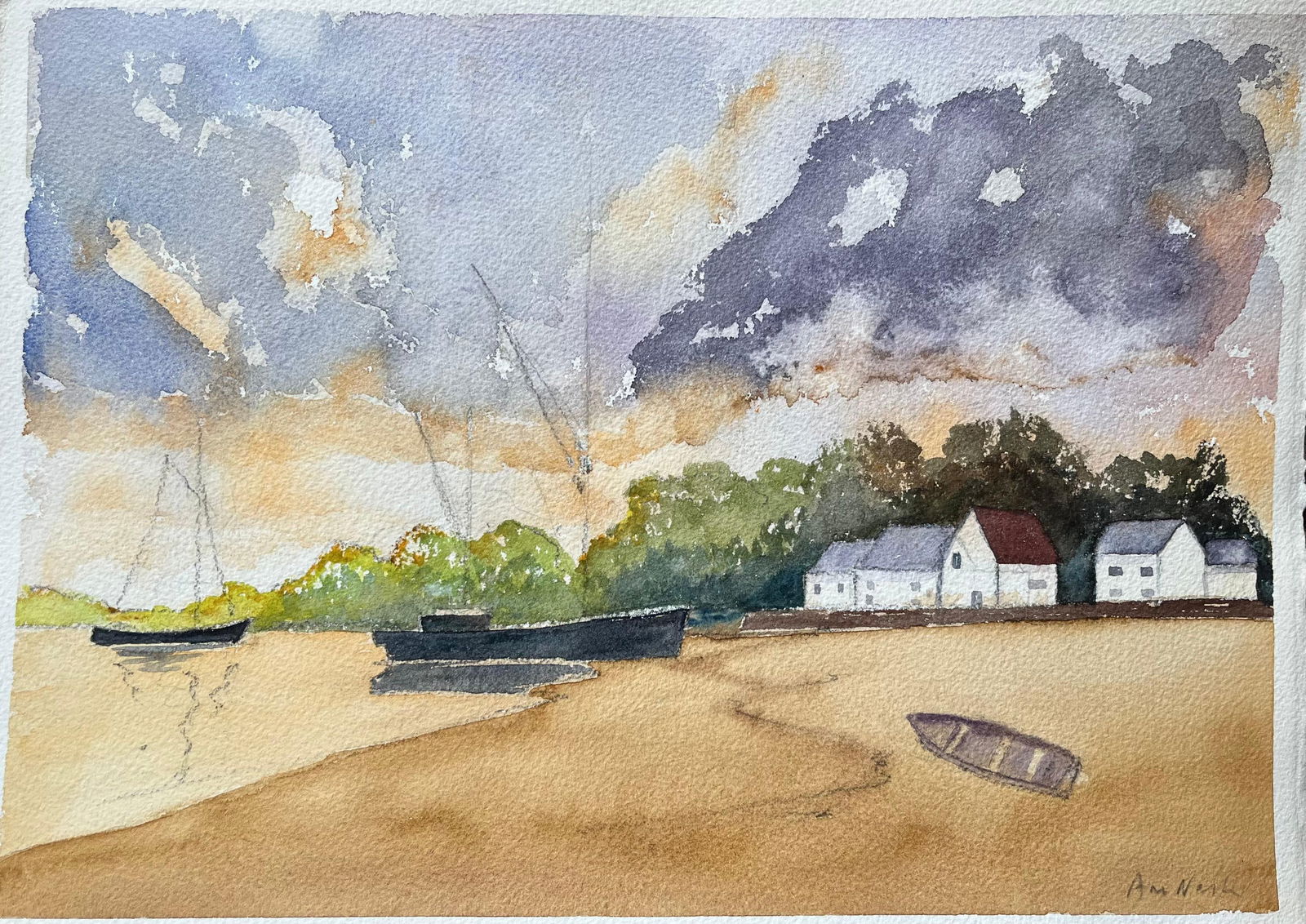 Ann Nash; Coastal Watercolor Painting of Boats and White Cottages at Sunset (1 of 17)