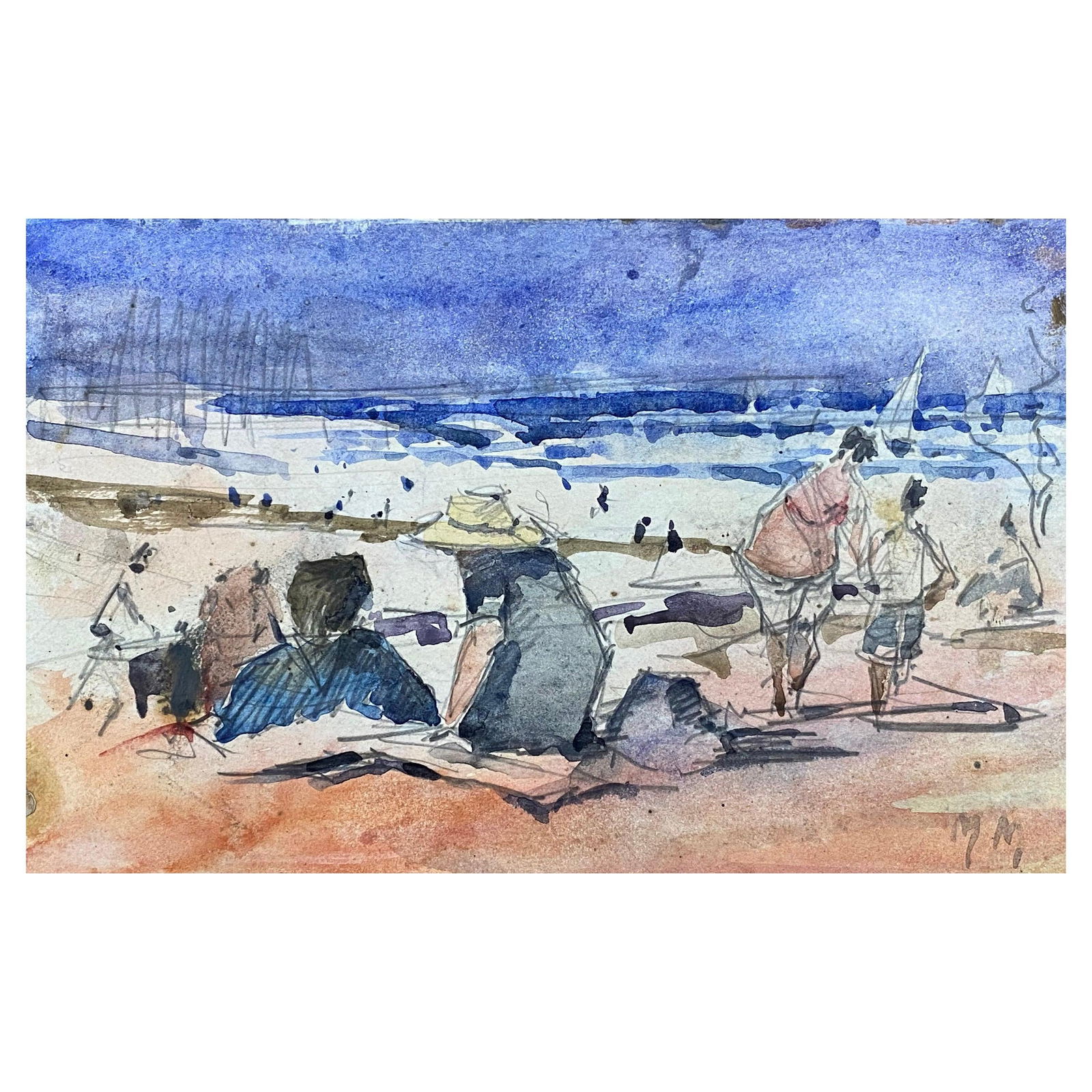 French Impressionist Signed Watercolour, Figures on Bright Beach, 20th Century (1 of 17)