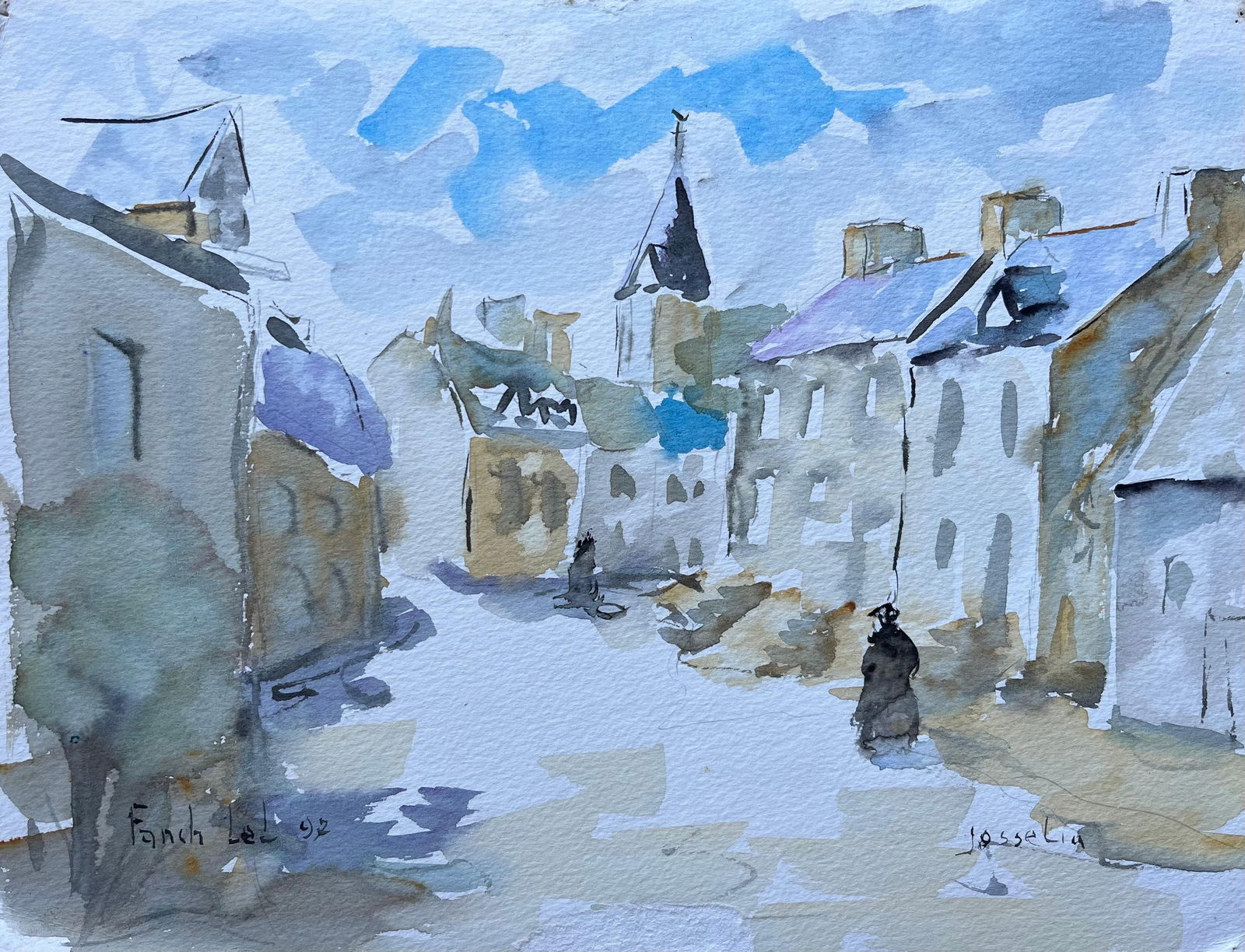 Fanch Lel; Watercolour Street Scene of Josselin in Brittany with Church Tower, 1997 (1 of 17)