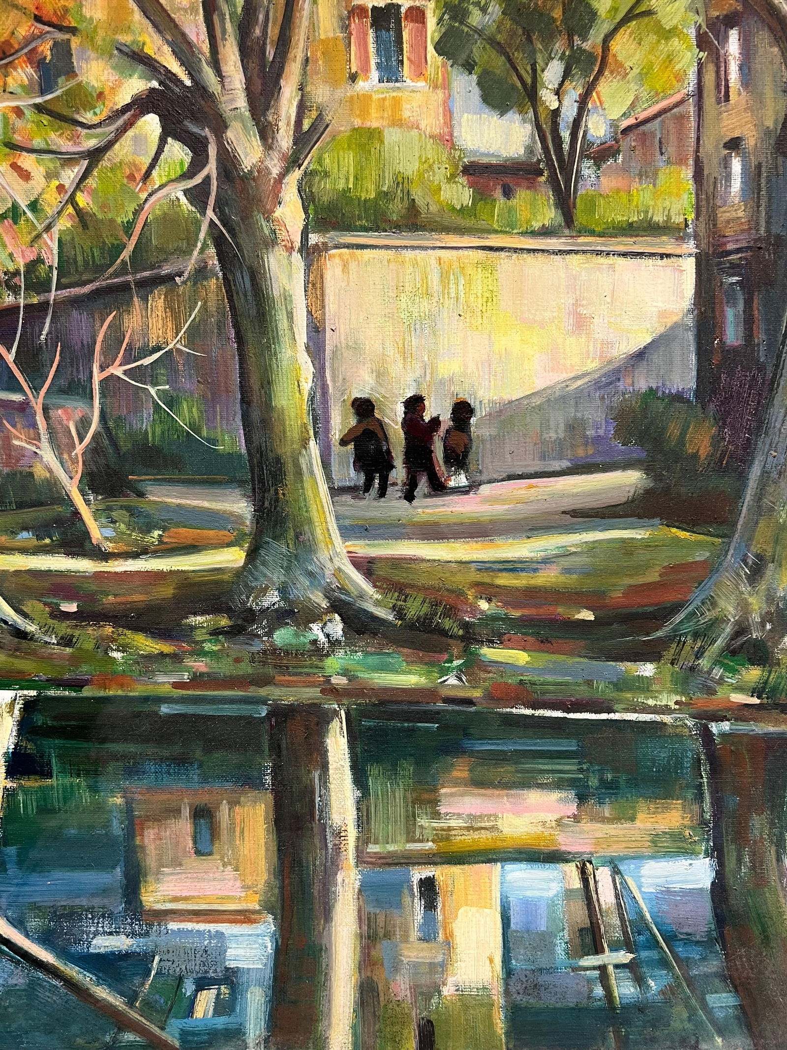 Max Toutain; Old French Chateau Figures on the River Banks & Bridge Huge French Oil Painting - 7