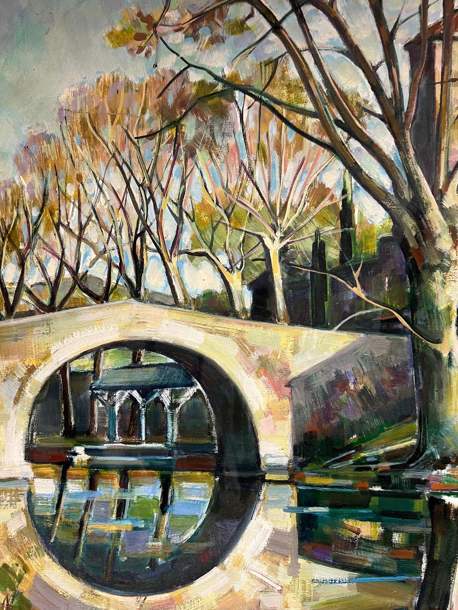 Max Toutain; Old French Chateau Figures on the River Banks & Bridge Huge French Oil Painting - 9