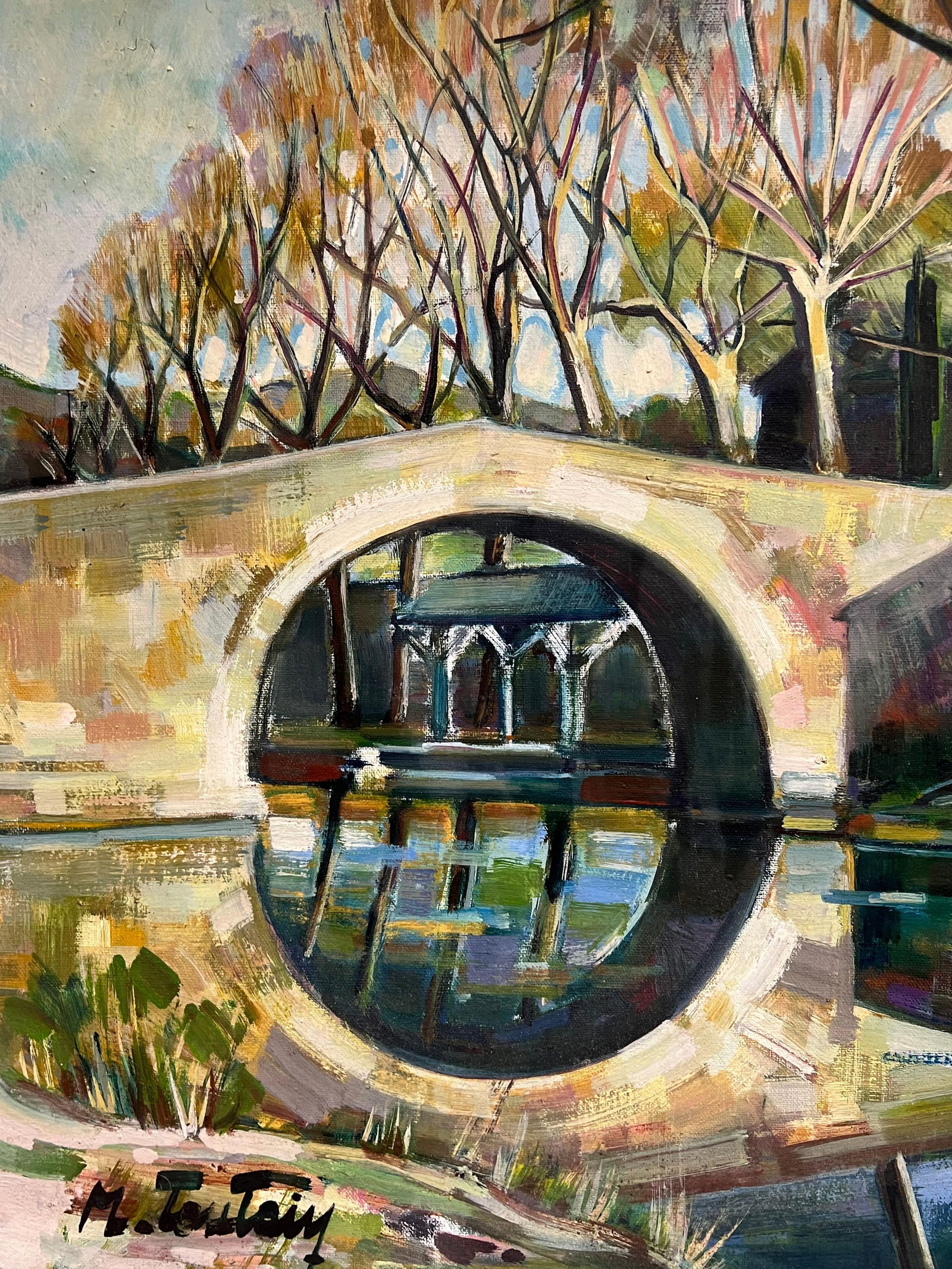 Max Toutain; Old French Chateau Figures on the River Banks & Bridge Huge French Oil Painting - 11