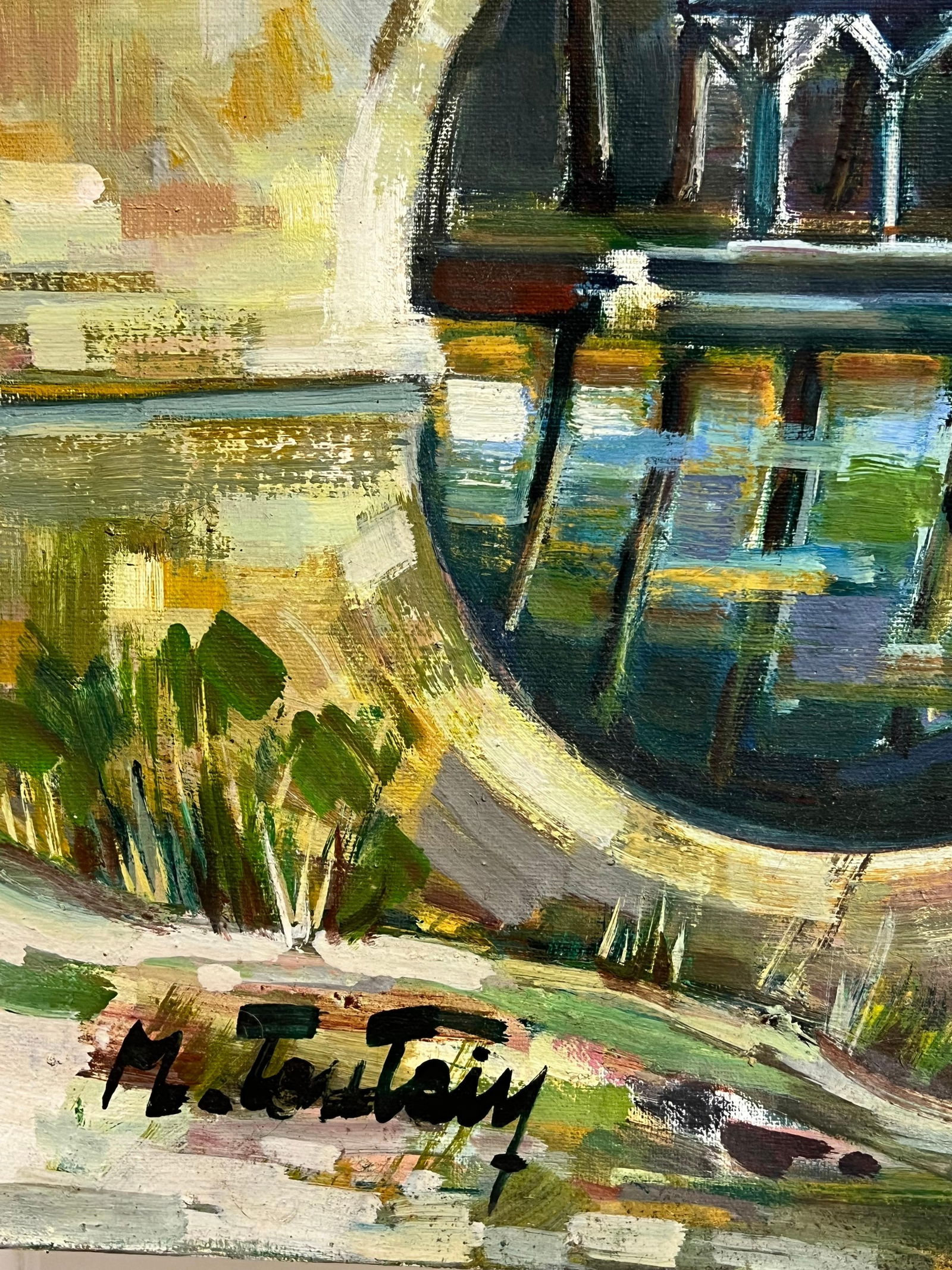 Max Toutain; Old French Chateau Figures on the River Banks & Bridge Huge French Oil Painting - 12