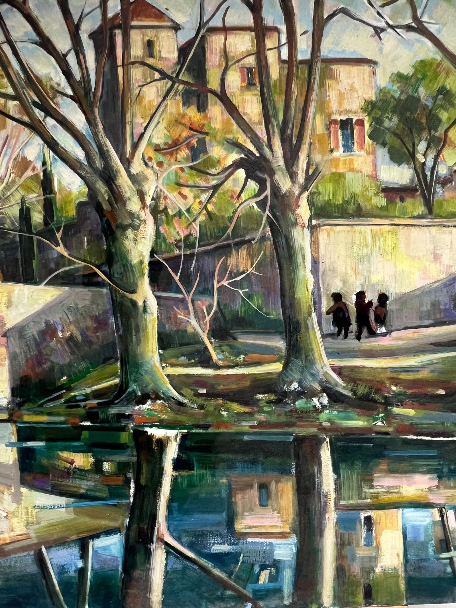 Max Toutain; Old French Chateau Figures on the River Banks & Bridge Huge French Oil Painting - 13