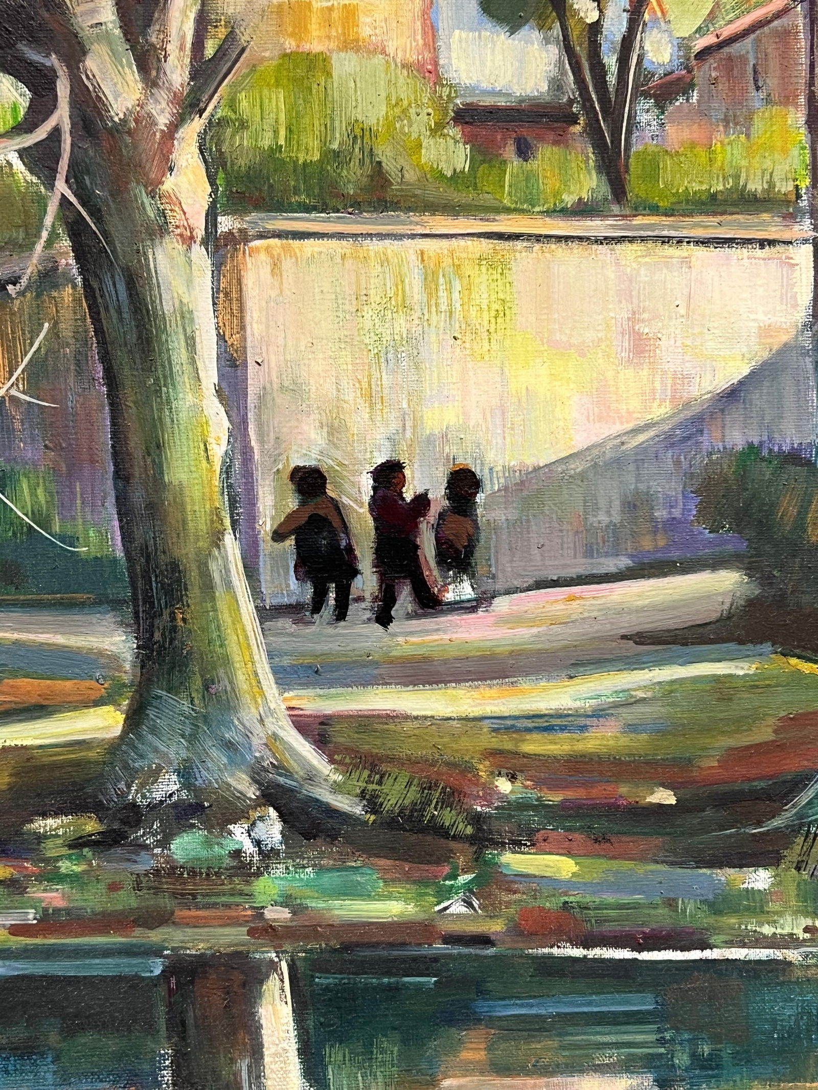 Max Toutain; Old French Chateau Figures on the River Banks & Bridge Huge French Oil Painting - 14