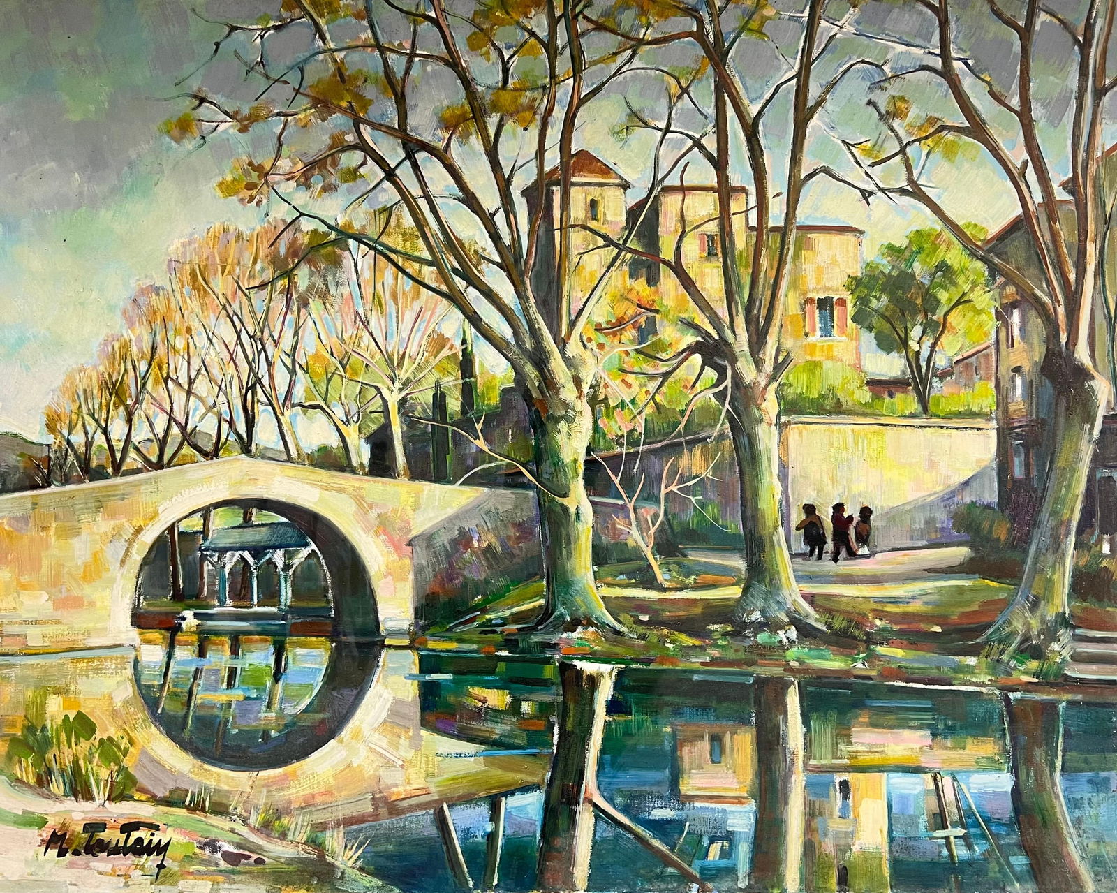 Max Toutain; Old French Chateau Figures on the River Banks & Bridge Huge French Oil Painting: Title: Max Toutain; Old French Chateau Figures on the River Banks & Bridge Huge French Oil Painting Description: Abstract Composition signed by Serge Guerin (b. 1916), French oil painting on canvas, u