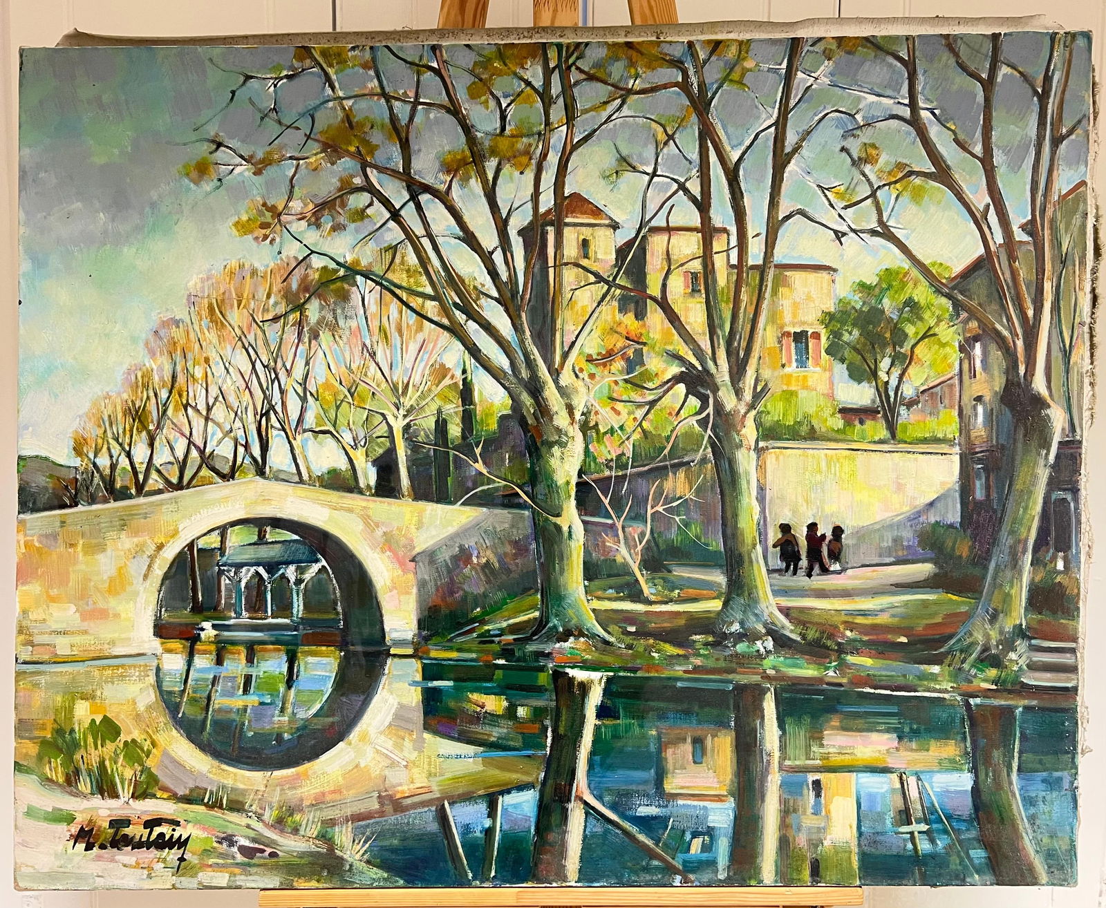 Max Toutain; Old French Chateau Figures on the River Banks & Bridge Huge French Oil Painting - 5