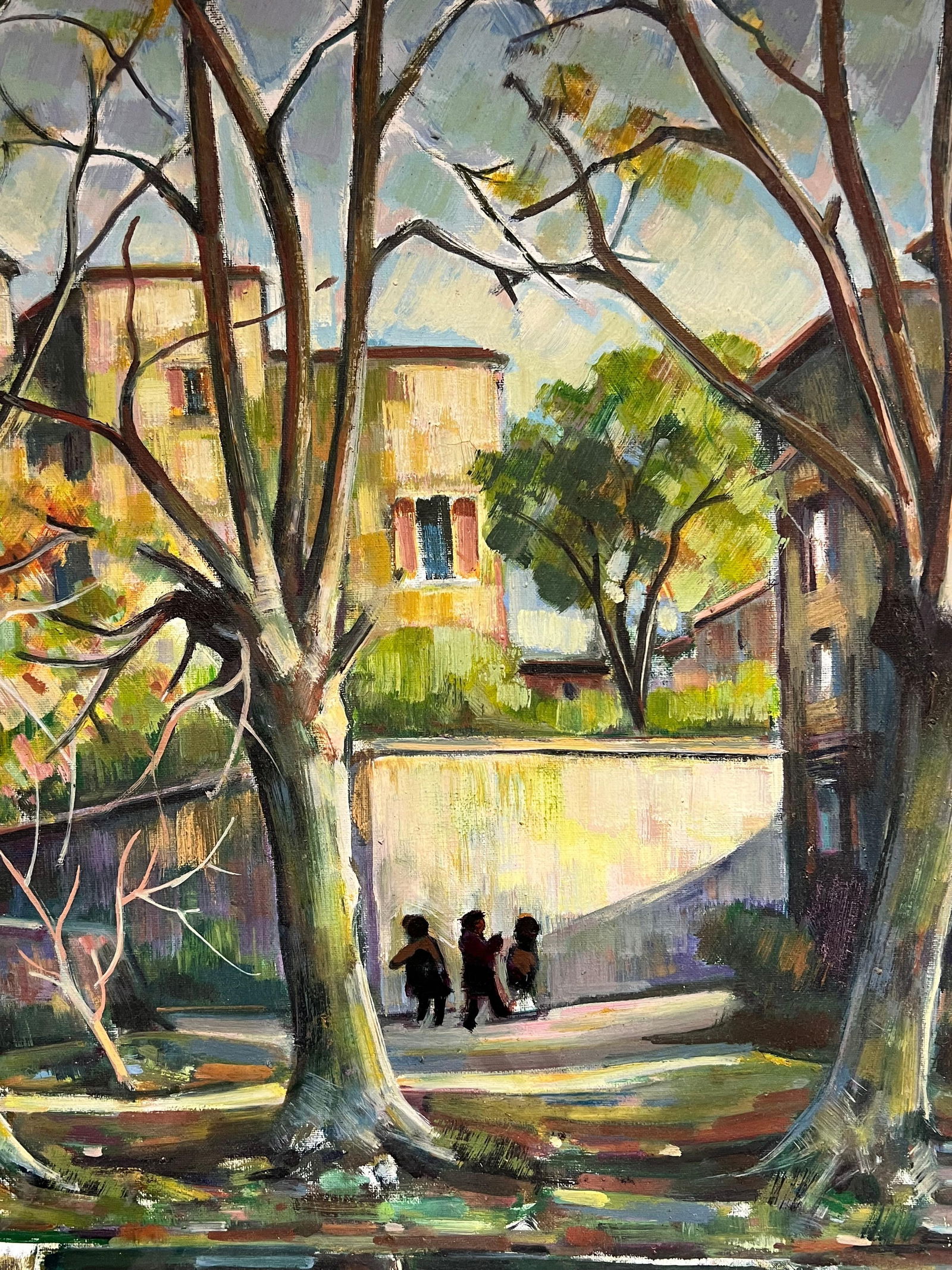 Max Toutain; Old French Chateau Figures on the River Banks & Bridge Huge French Oil Painting - 6