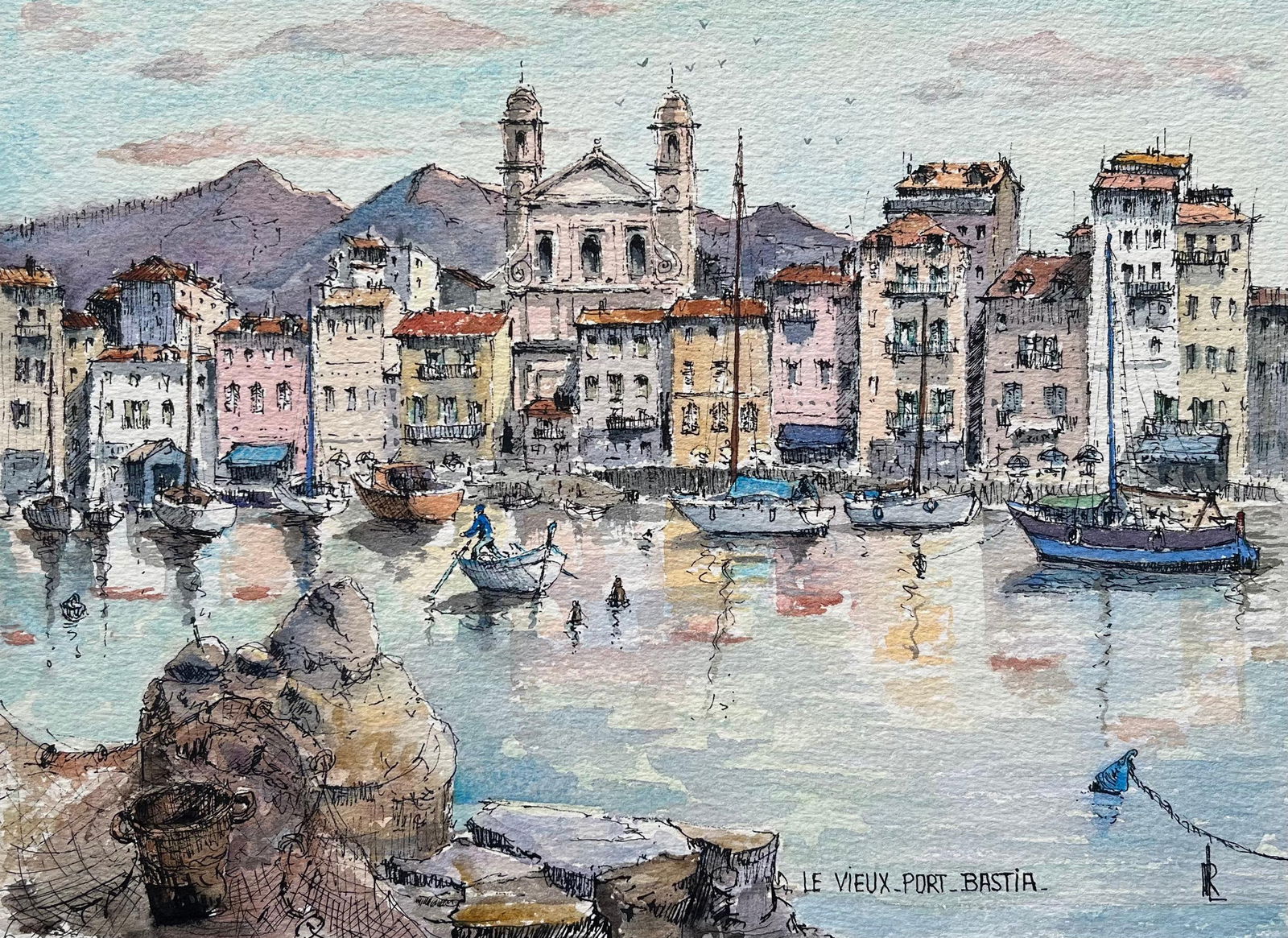 Robert Lepine (1929 - 2017); Corsica Watercolor of Vieux Port Bastia with Boats & Colorful Facades, (1 of 17)