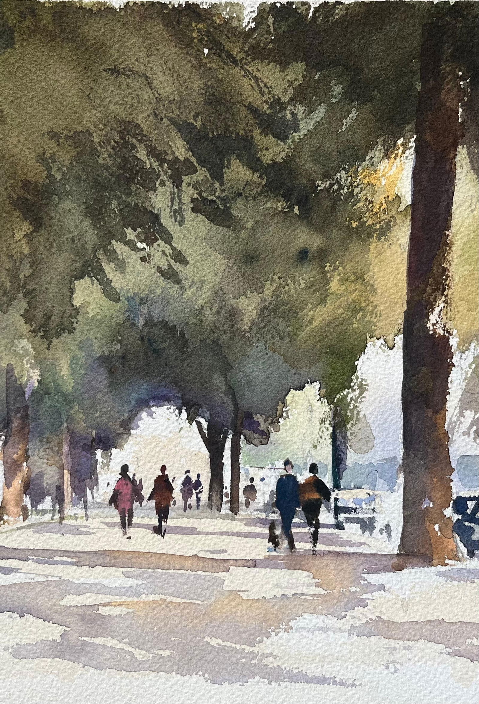 Anthony Avery; British Impressionist Watercolor of a Tree-Lined Boulevard with Figures - 10