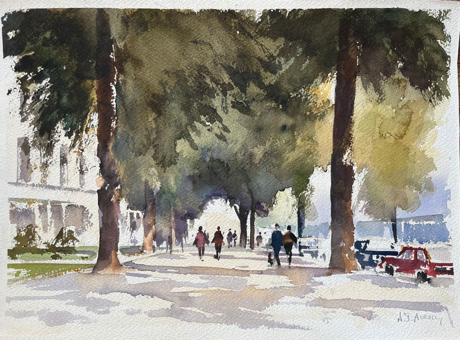 Anthony Avery; British Impressionist Watercolor of a Tree-Lined Boulevard with Figures: Title: Anthony Avery; British Impressionist Watercolor of a Tree-Lined Boulevard with Figures Description: Title: British Impressionist Watercolor of Sailing Barge with Figured and Clouded Sky By Anth