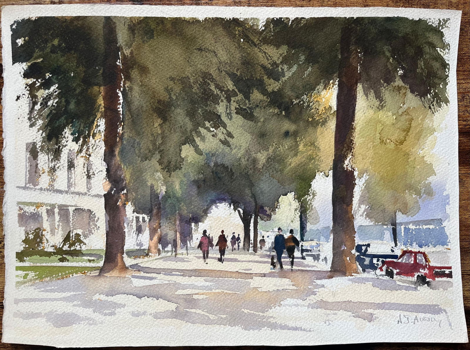 Anthony Avery; British Impressionist Watercolor of a Tree-Lined Boulevard with Figures - 8