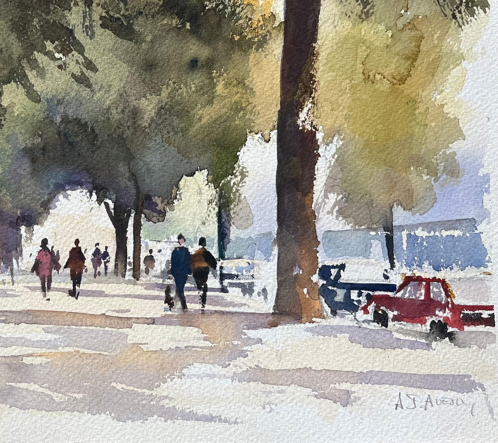 Anthony Avery; British Impressionist Watercolor of a Tree-Lined Boulevard with Figures - 9