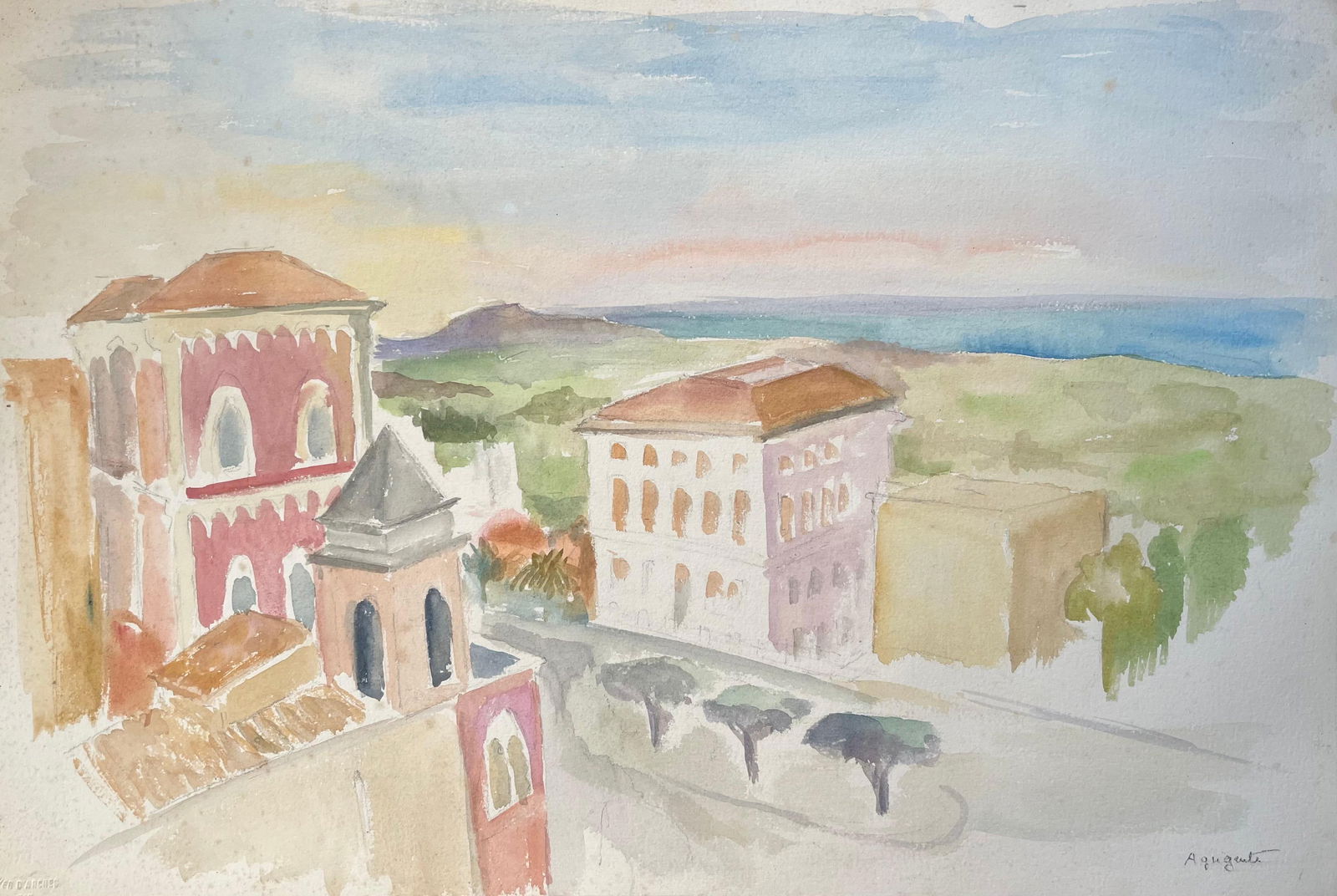 Anne Marie Migette Perard; Mid-20th Century Watercolour of Coastal Architecture and Sea View in (1 of 11)