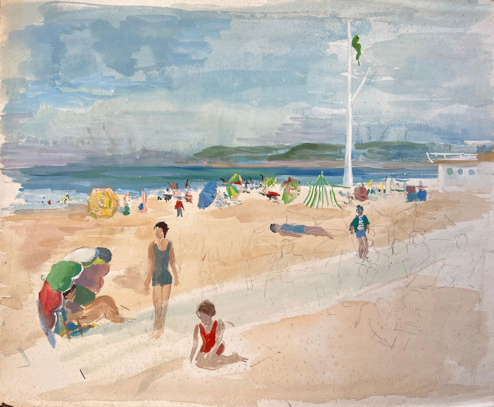 Anne Marie Migette Perard; French Mid 20 Century Watercolor of Beachgoers and Parasols at a Seaside (1 of 11)
