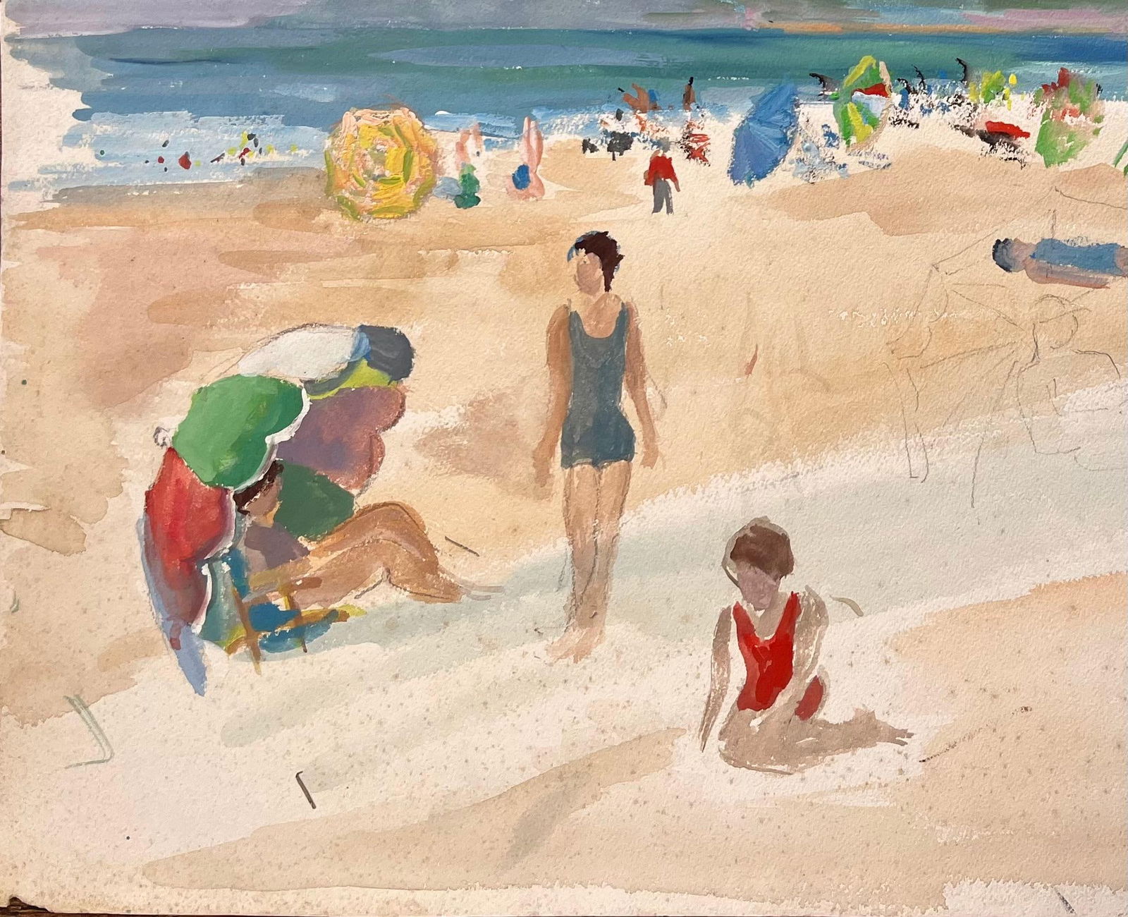 Anne Marie Migette Perard; French Mid 20 Century Watercolor of Beachgoers and Parasols at a Seaside - 2