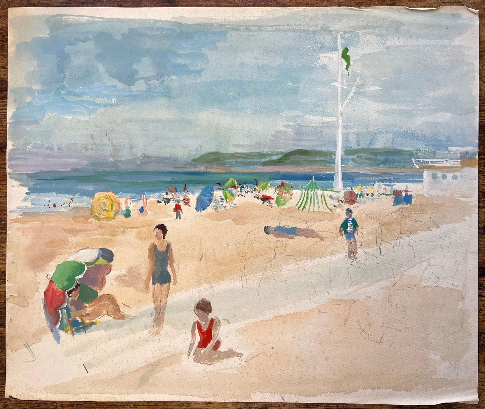 Anne Marie Migette Perard; French Mid 20 Century Watercolor of Beachgoers and Parasols at a Seaside - 5