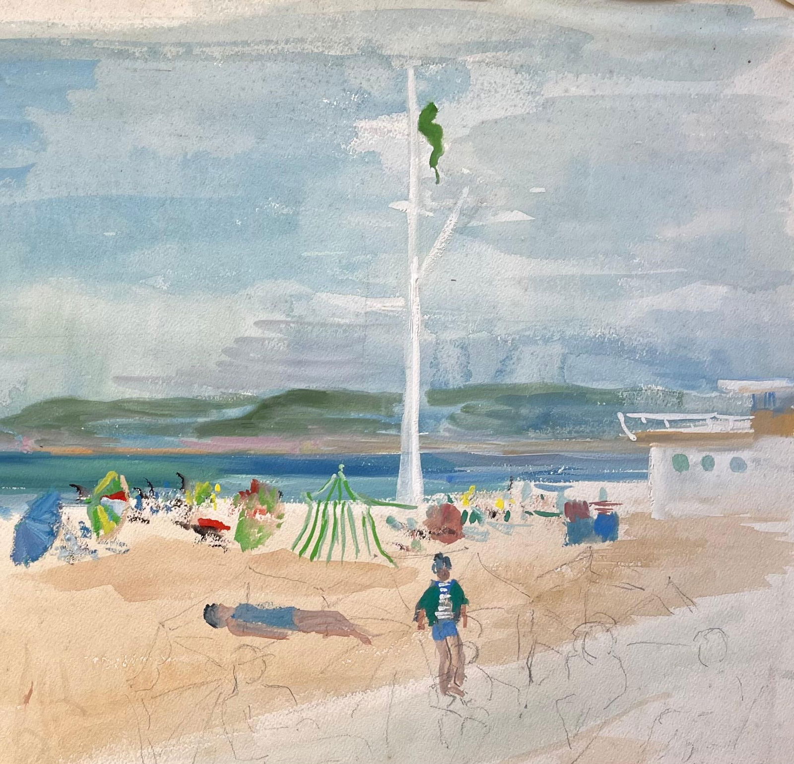 Anne Marie Migette Perard; French Mid 20 Century Watercolor of Beachgoers and Parasols at a Seaside - 6