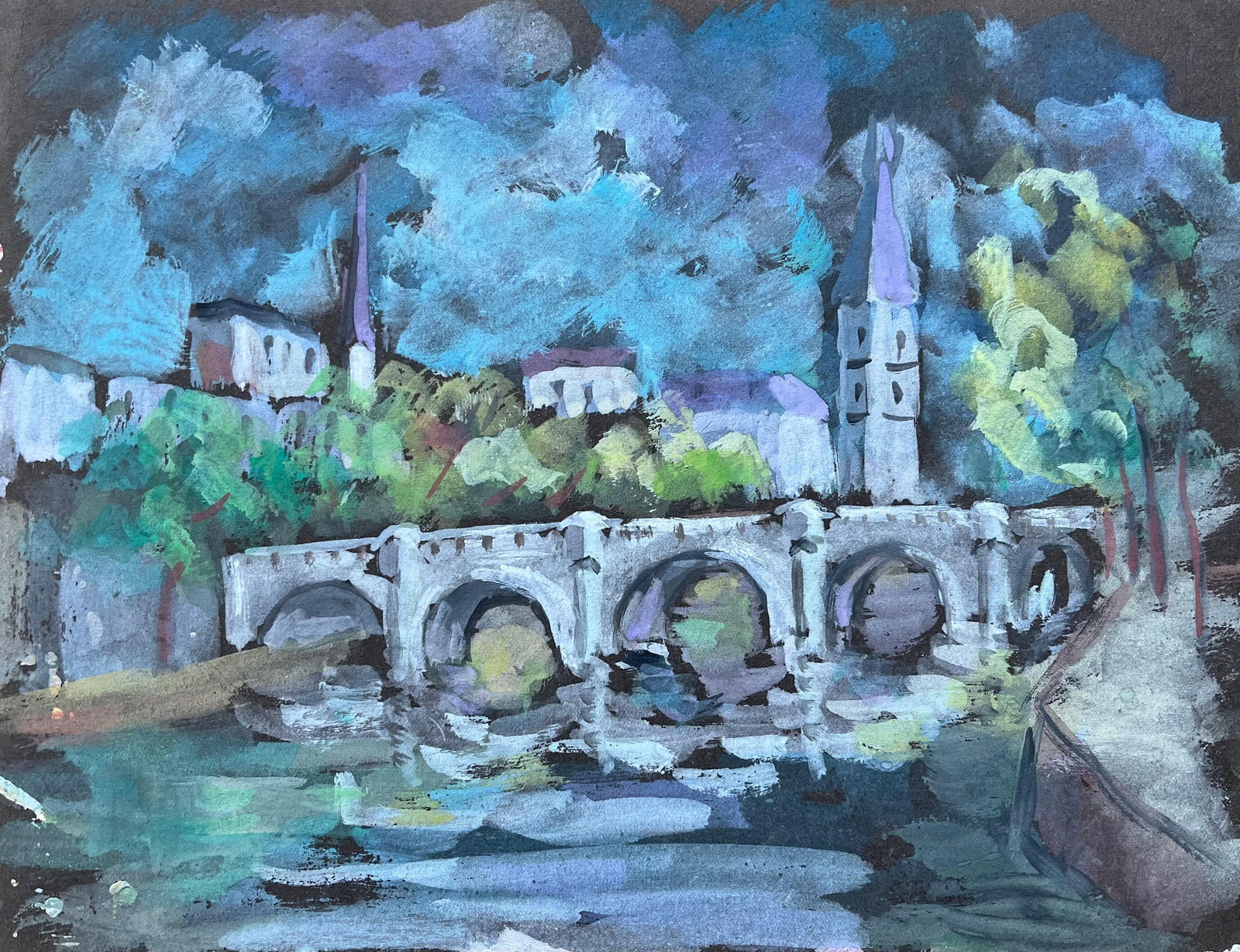 Fanch Lel; French Expressionist Gouache of Arched Bridge and Village Church (1 of 17)