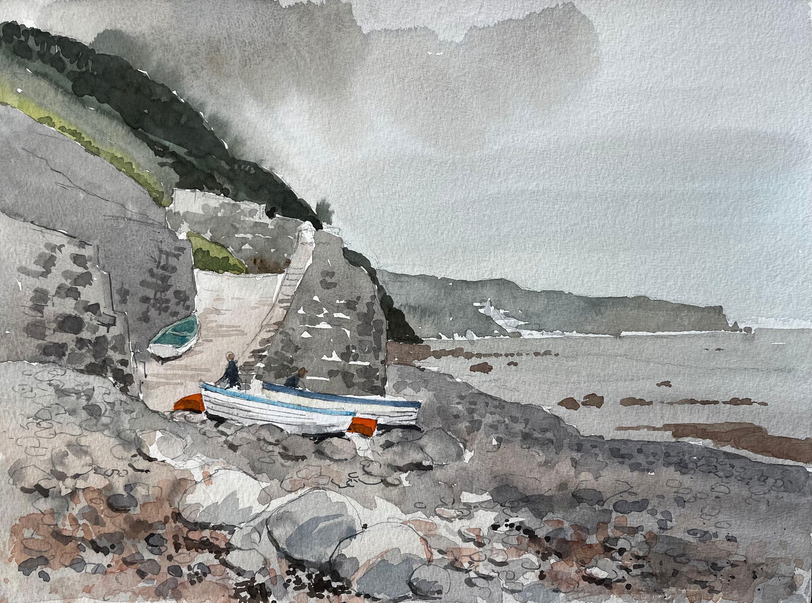 Anthony Herbert; 1987 Watercolour of Bucks Mills North Devon with Fishing Boats, Cliffs and Shore,: Title: Anthony Herbert; 1987 Watercolour of Bucks Mills North Devon with Fishing Boats, Cliffs and Shore, 1987 Description: Title: Hope Cove Devon Coastal Village with Reflections Boats and Cliffs