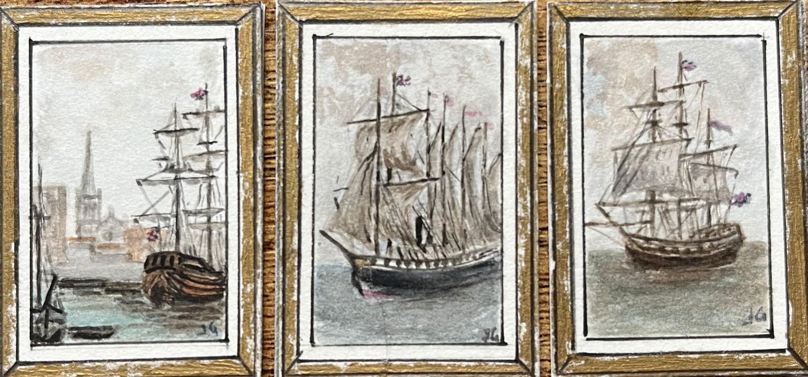 Jack Grunwell; Historic Miniature Watercolor Triptych of Bristol Sailing Ships (1 of 17)