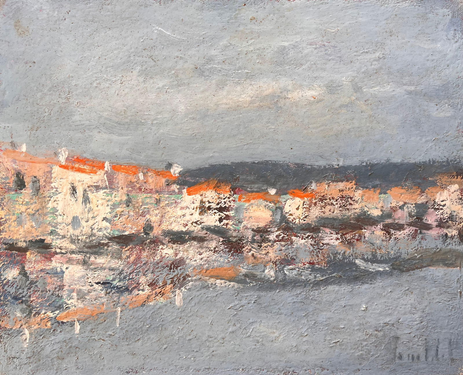 Fanch Lel; French Coastal Oil Painting of Seaside Village with Red Roofs Reflected in Water: Title: Fanch Lel; French Coastal Oil Painting of Seaside Village with Red Roofs Reflected in Water Description: Title: Impressionist Horse Ploughing Scene with Farmer and Cloudy Sky Landscape By Fanch